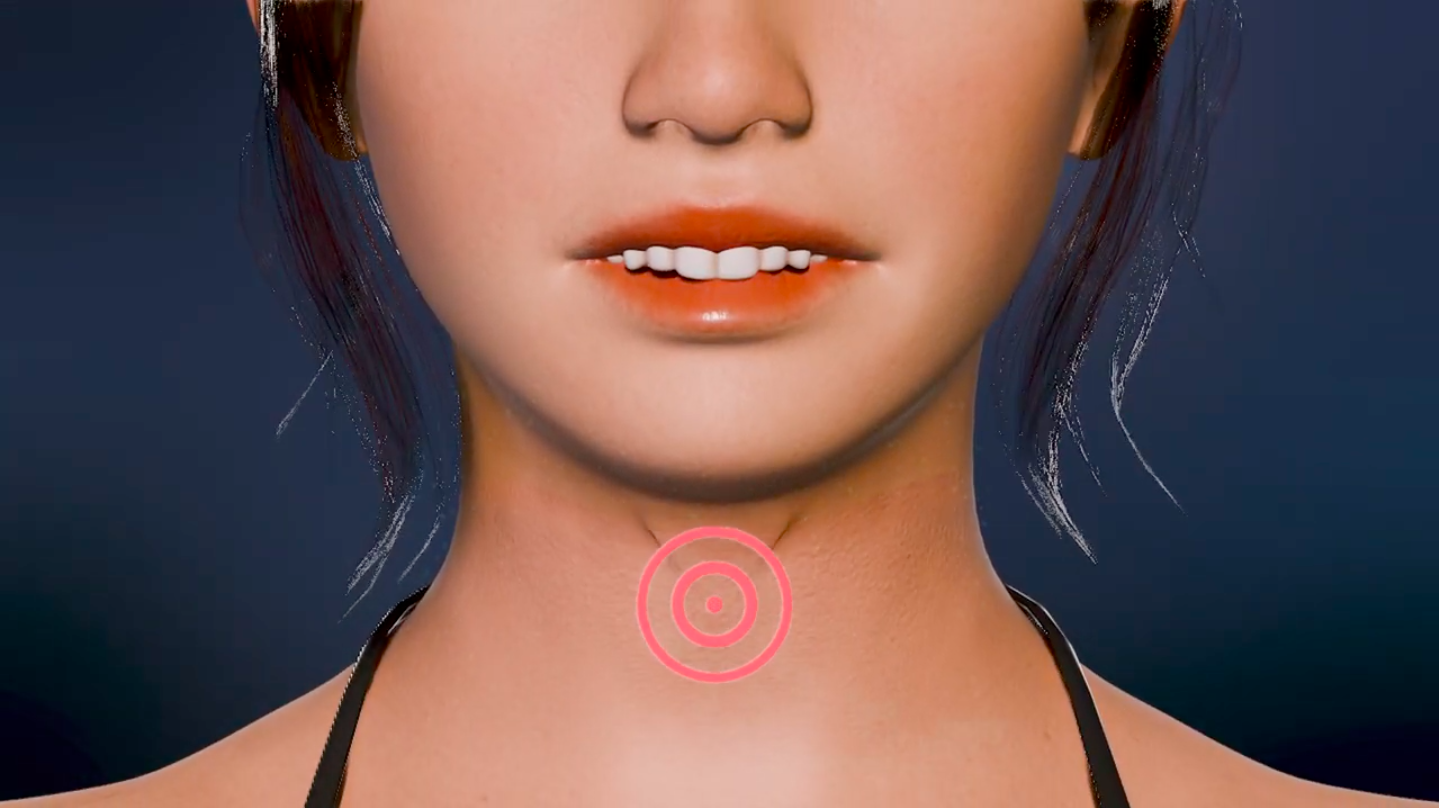 Close-up of a woman's neck with a target marker, illustrating the Sound Sculpting™ technique of feeling vocal cord vibration to train precise English sounds.