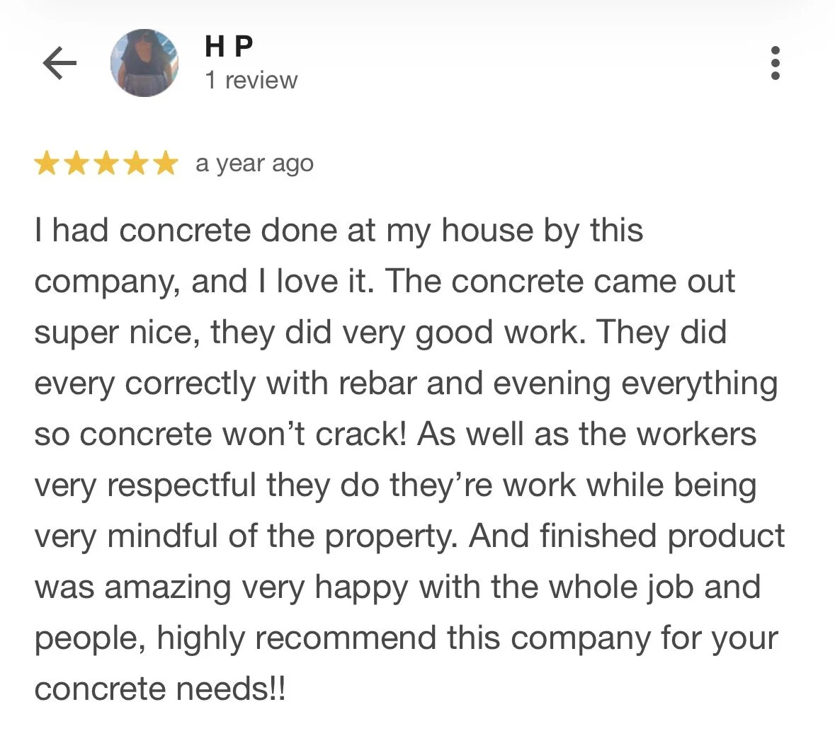 Customer review of concrete work on a mobile device, five-star rating, praising the company's craftsmanship and professionalism.
