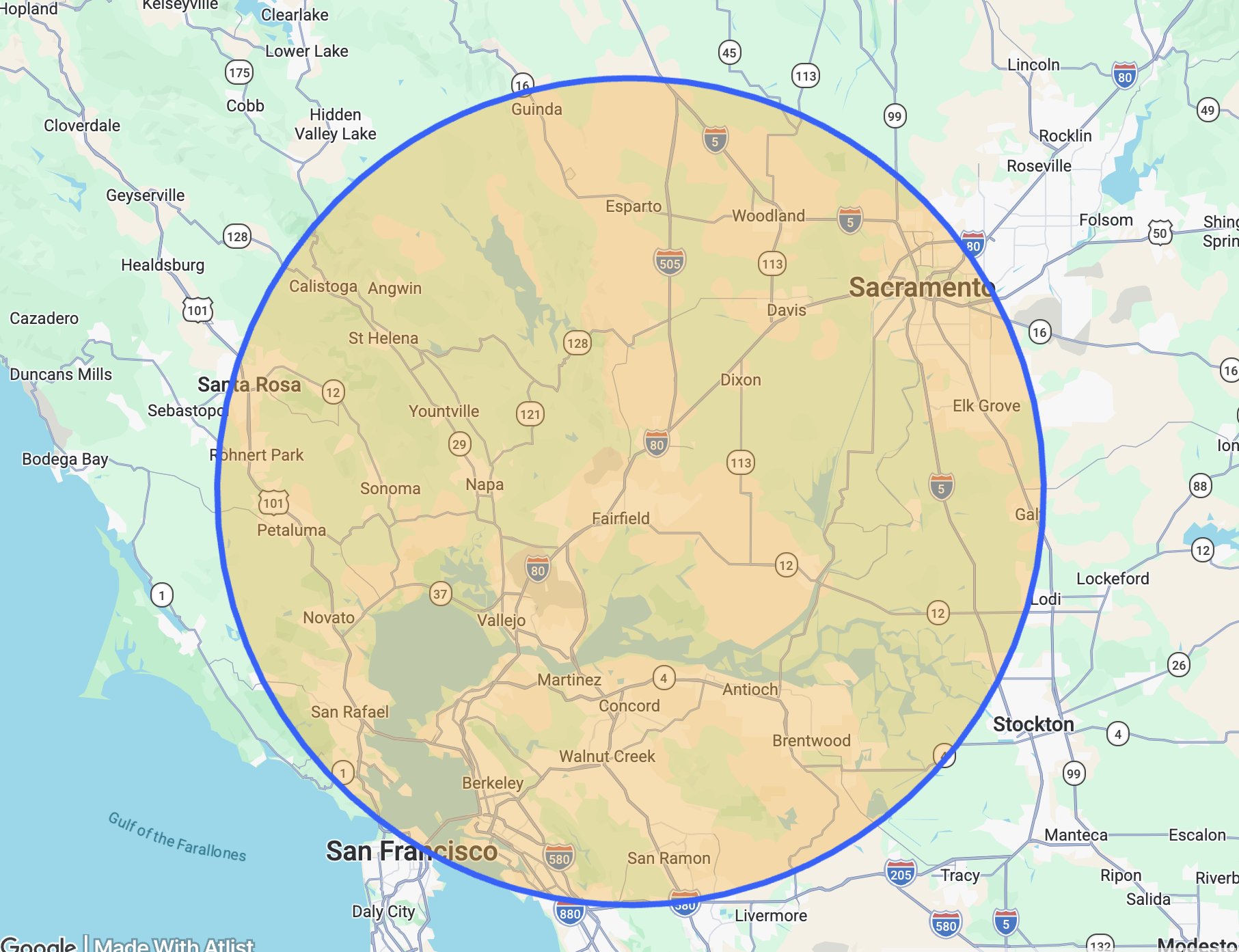 Map of the Sacramento area in California with a highlighted circular region indicating a radius starting from downtown Sacramento, including nearby cities such as Davis, Roseville, and Vallejo, and extending towards the Bay Area.