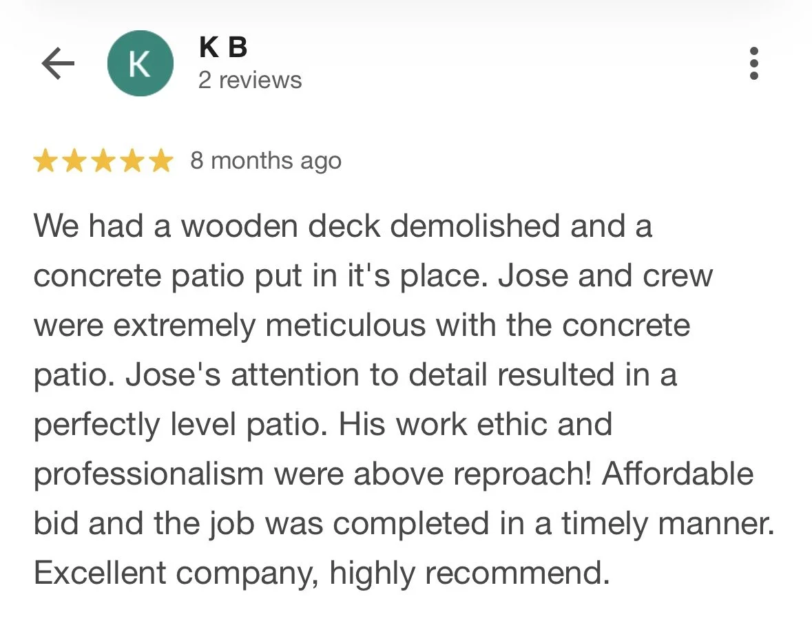 Screenshot of a 5-star review for a construction company on Google, praising Jose and crew for demolition and patio work.