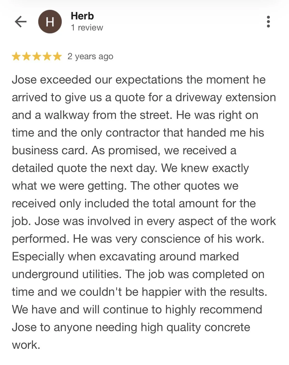 Online review of a contractor named Jose, praising his professionalism, punctuality, and quality of work on driveway extension and sidewalk project.
