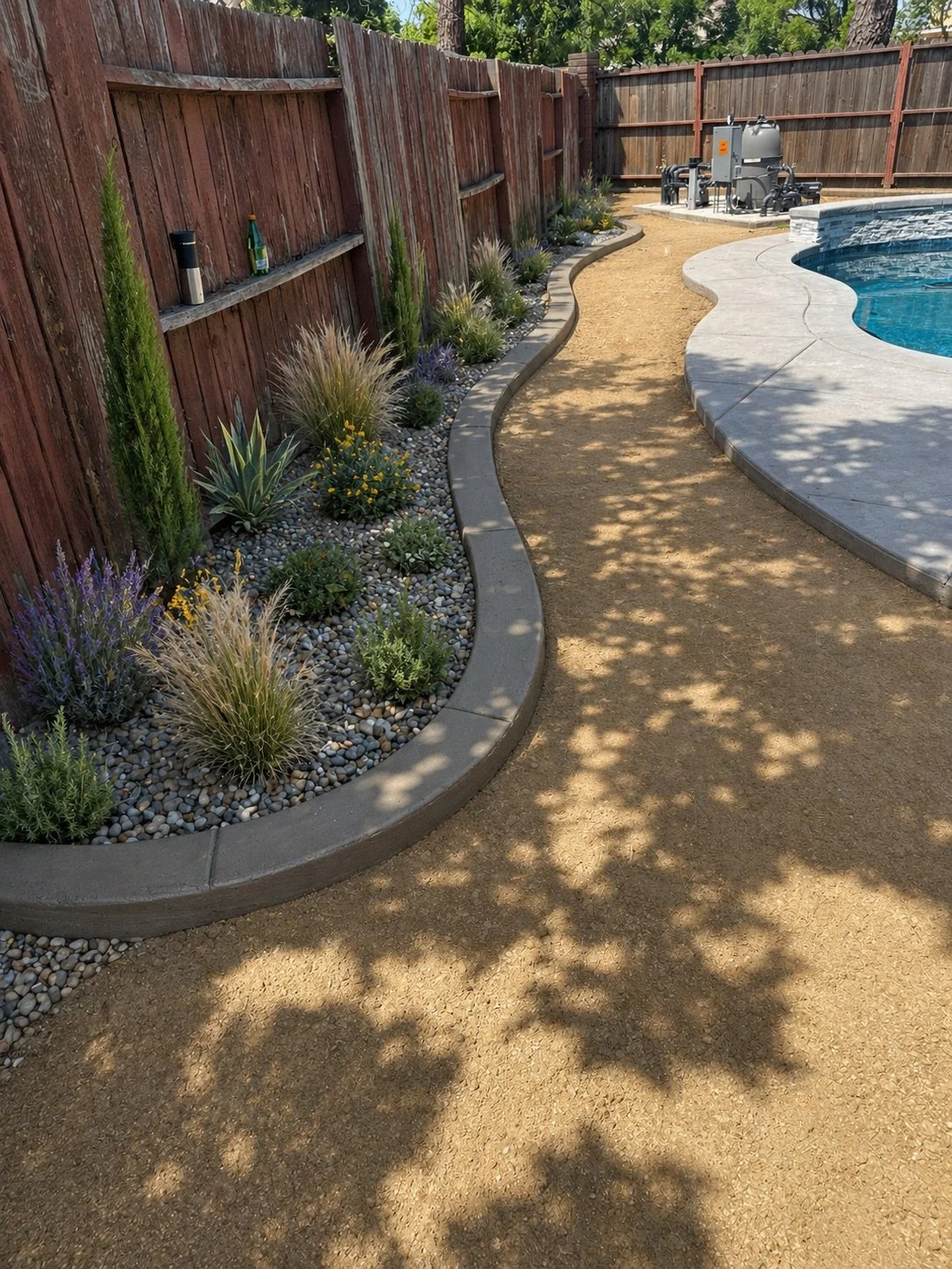 A backyard with a curved garden bed filled with various plants and small rocks, a wooden fence, a swimming pool with a concrete deck, and some equipment near the pool in the background. Shaded areas cast shadows on the sandy ground.