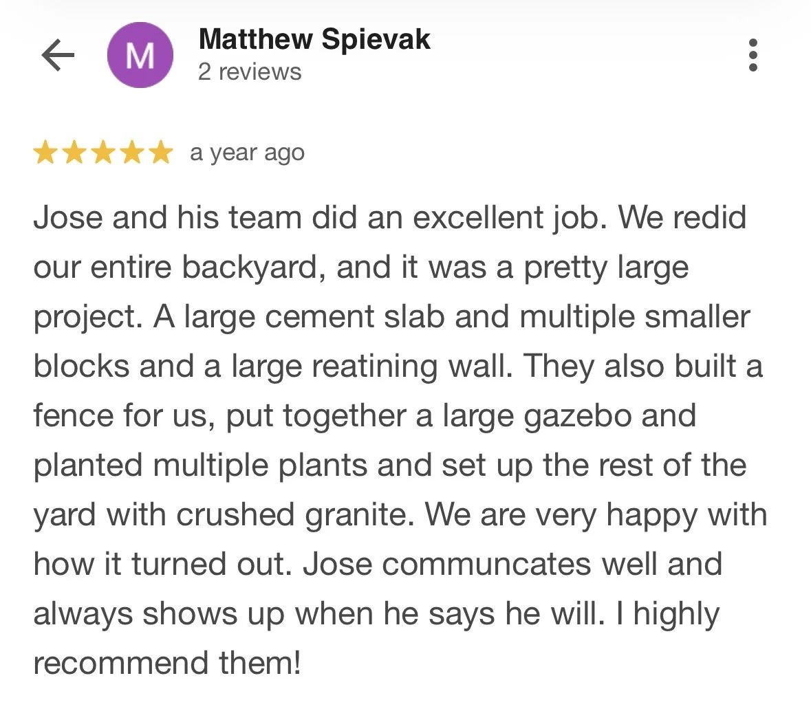 Screenshot of a Google review about a backyard landscaping project, with five gold stars and a detailed positive comment.