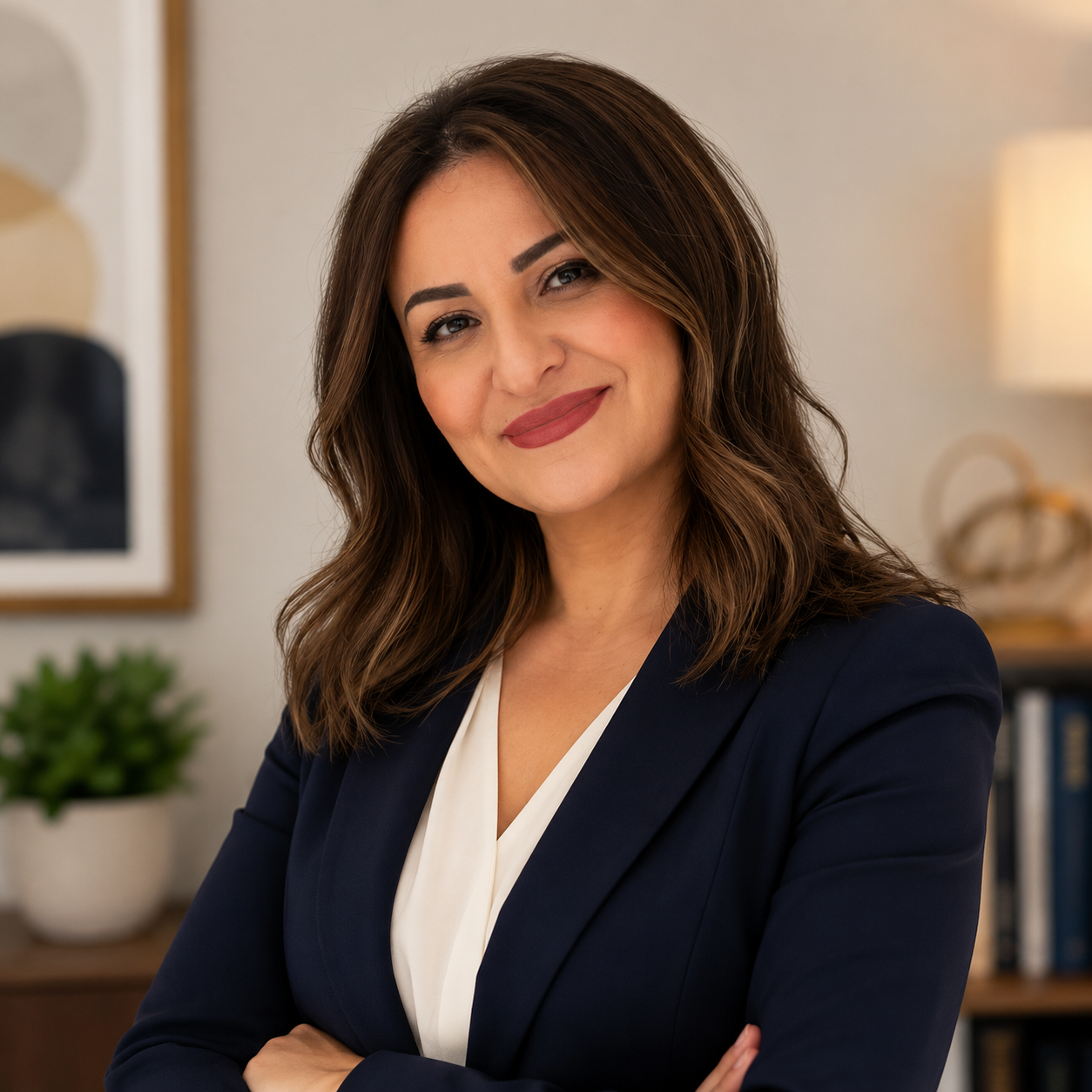 A confident human resources consultant in a navy blazer smiles in a professional office setting, reflecting expertise in human resources consulting and employee relations. This polished image conveys trust, leadership, and workplace professionalism,