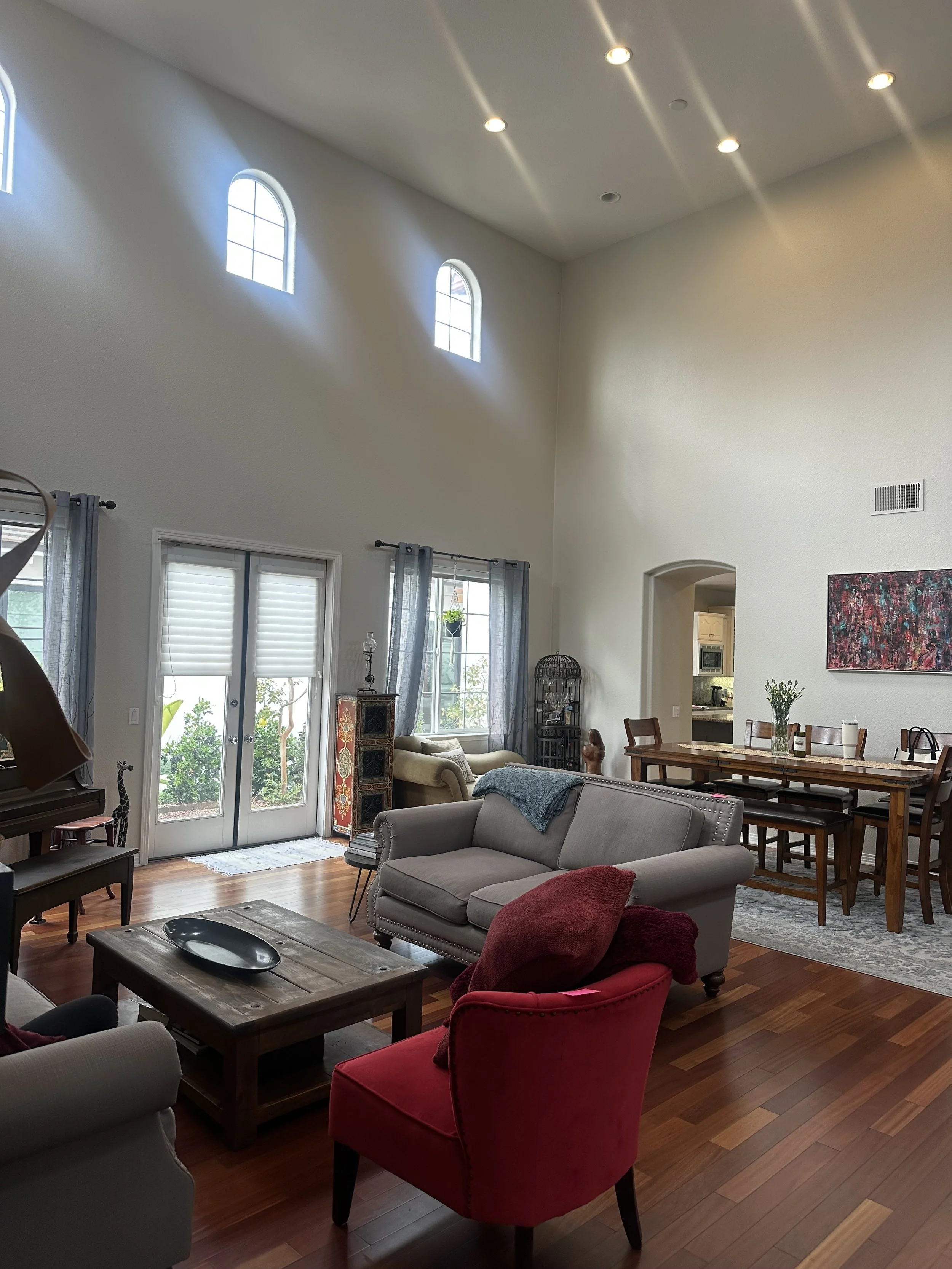 Living room with high ceiling, three small arched windows near the ceiling, large sliding glass doors with white blinds, various couches including a gray one with a blue throw, a red armchair, a wooden coffee table with a black decorative tray, and a dining area with a wooden table and chairs. There is a piece of colorful artwork on the wall and indoor plants near the window.