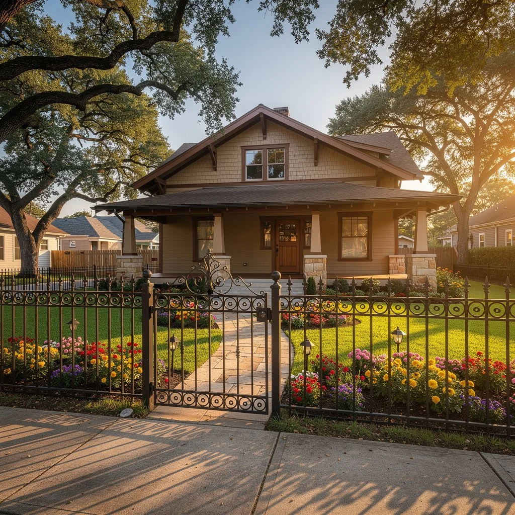 Front yard of a house with a black decorative iron gate, colorful flower beds, a stone pathway, and a two-story house with a porch, set against a backdrop of trees and a setting sun in Katy, Texas.