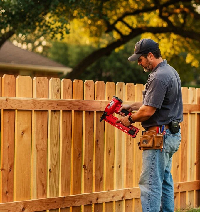 Fence contractor installing cedar privacy fence in Katy TX
