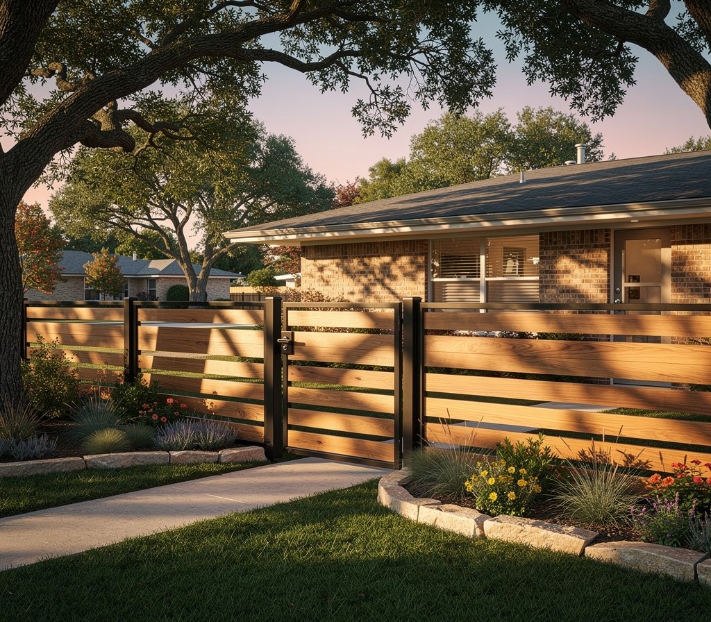 A backyard with a modern wooden fence, a sidewalk, and a brick house with a shingled roof, surrounded by trees and colorful plants in Katy, Texas.