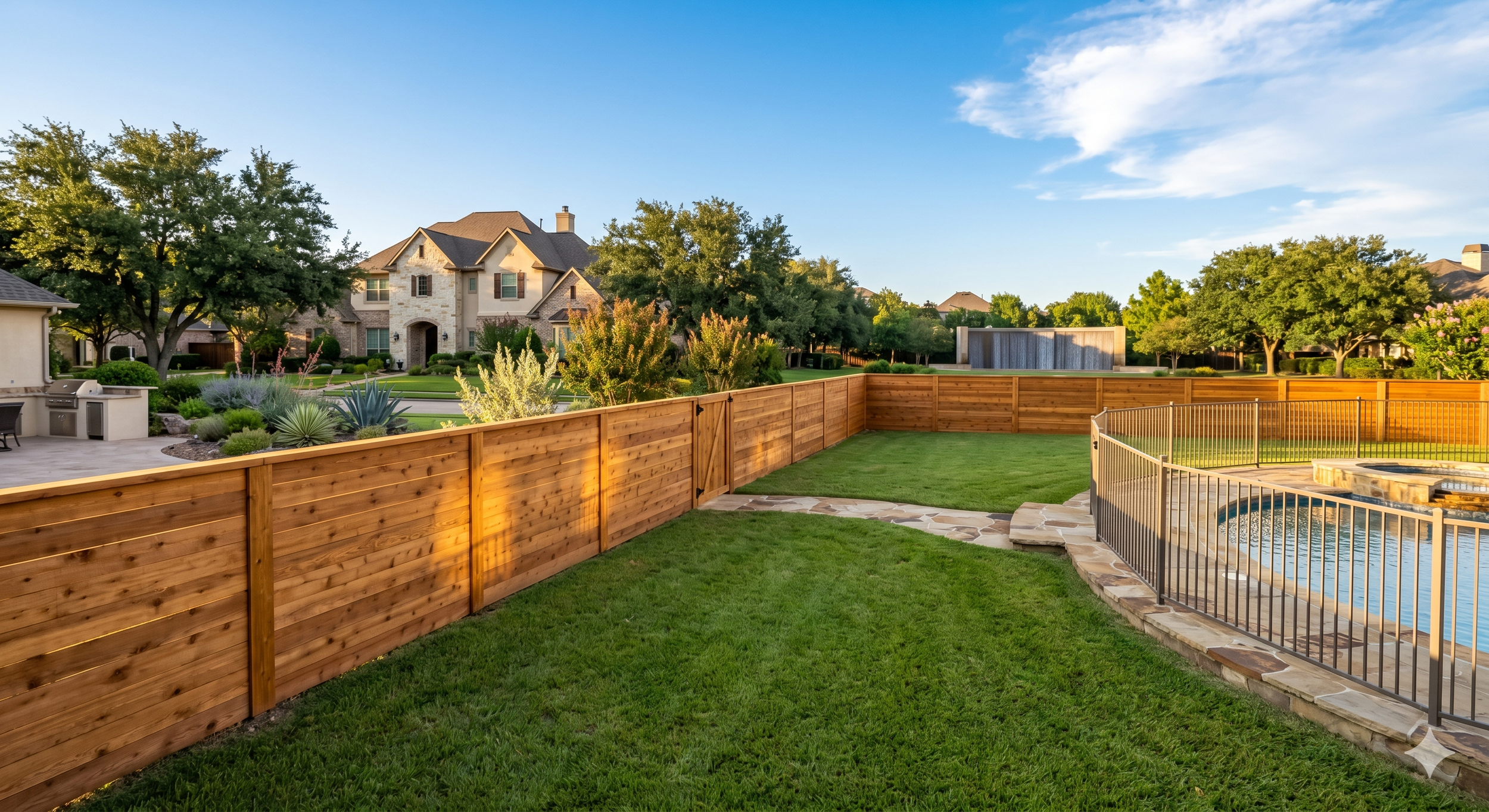 Wood privacy fence and ornamental iron pool fence in a Katy TX suburban backyard