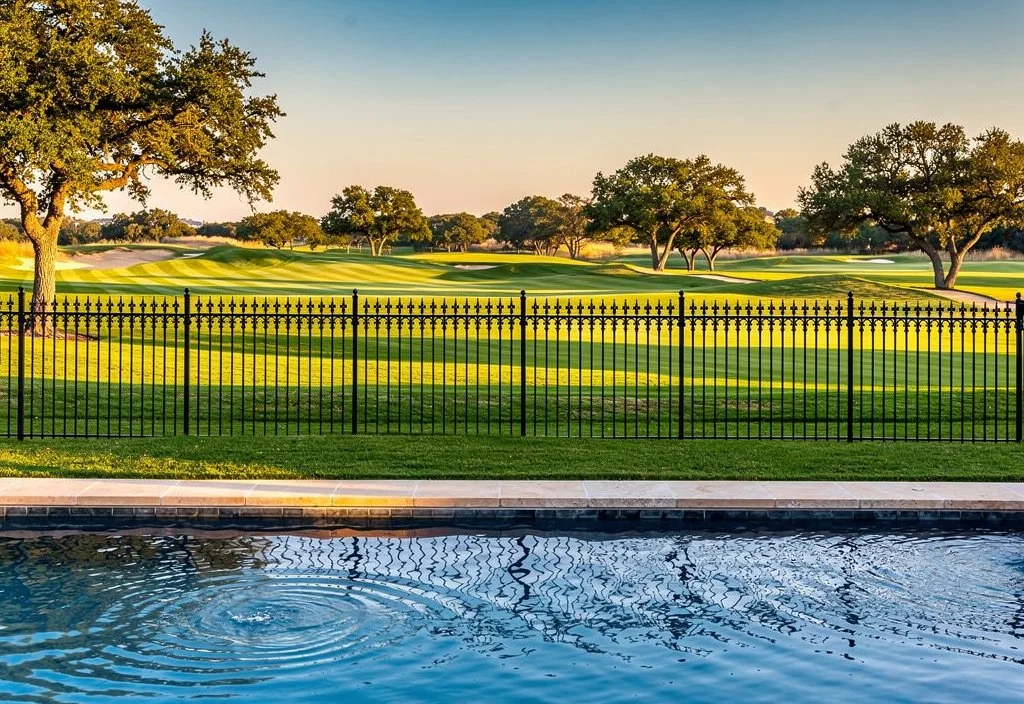 A backyard with a swimming pool in the foreground, a black metal iron fence in Katy, Texas, a well-maintained grassy lawn, and a golf course with trees in the background under a clear blue sky.