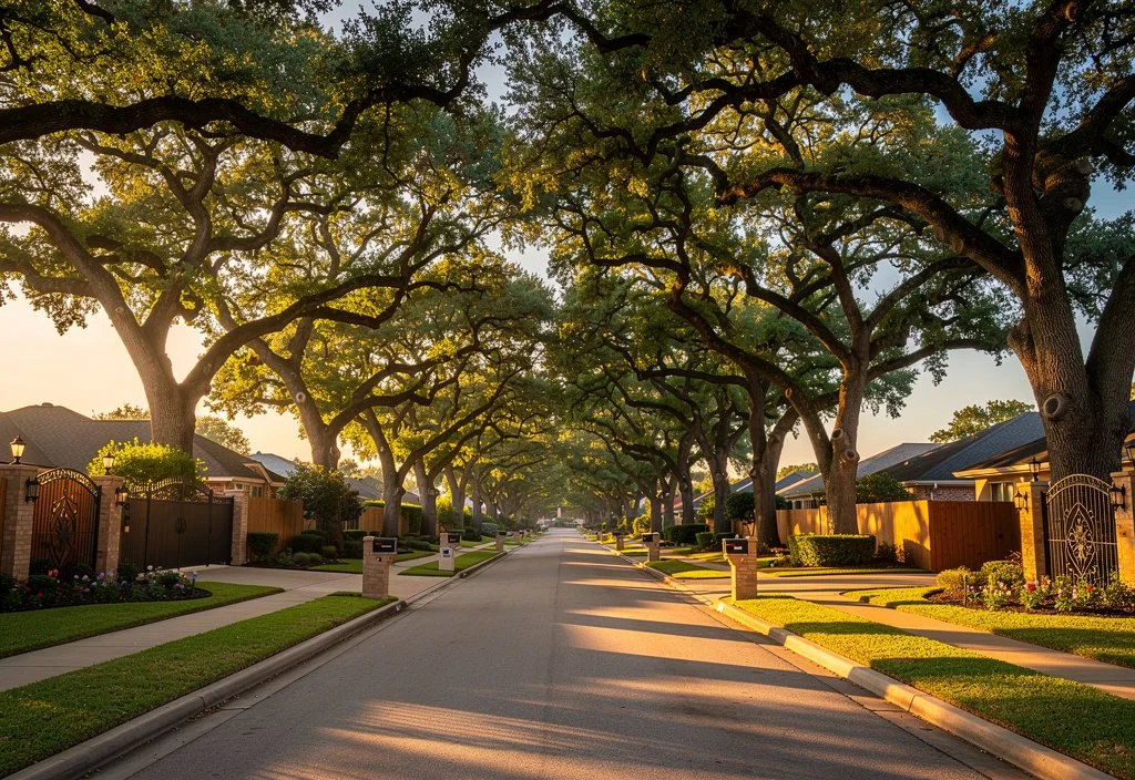 A quiet suburban street in Katy, Texas lined with large trees casting shadows on the road in the early morning or late afternoon.