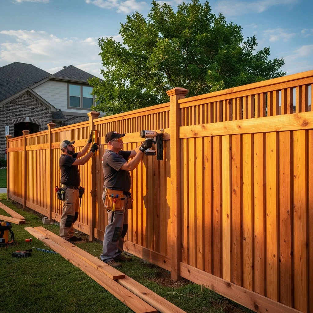 Two men installing a cedar wooden fence in Katy Texas with power tools in a residential backyard.