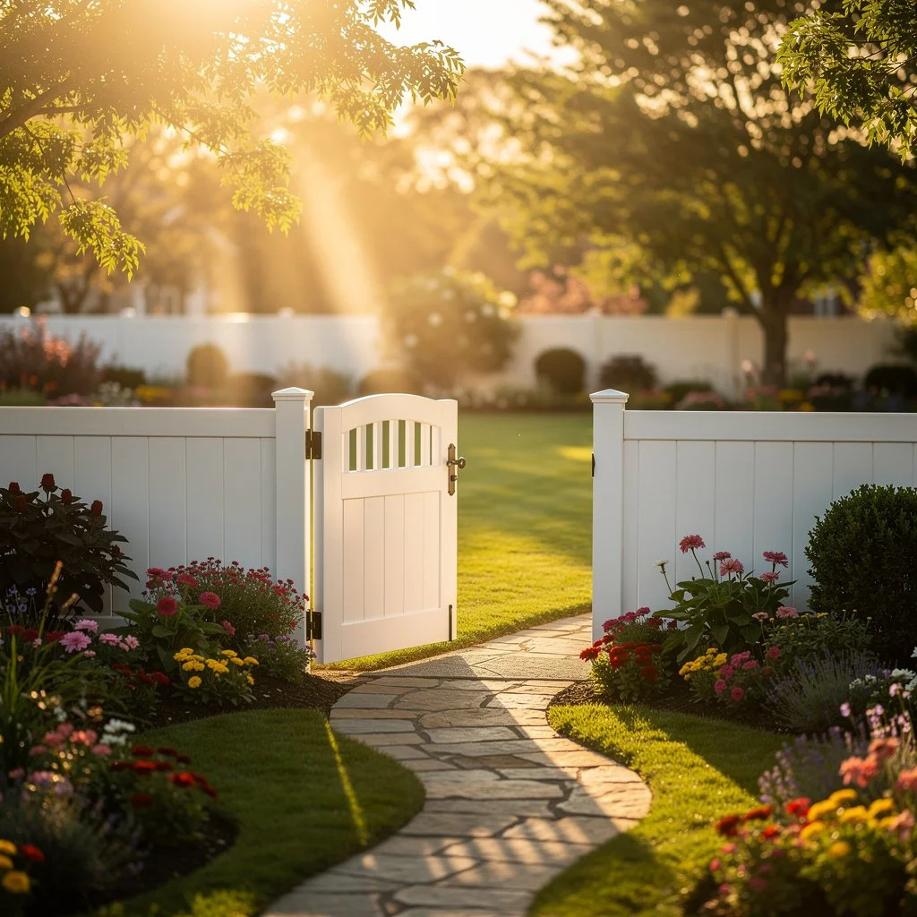 White vinyl privacy fence with decorative gate in a Katy TX suburban garden