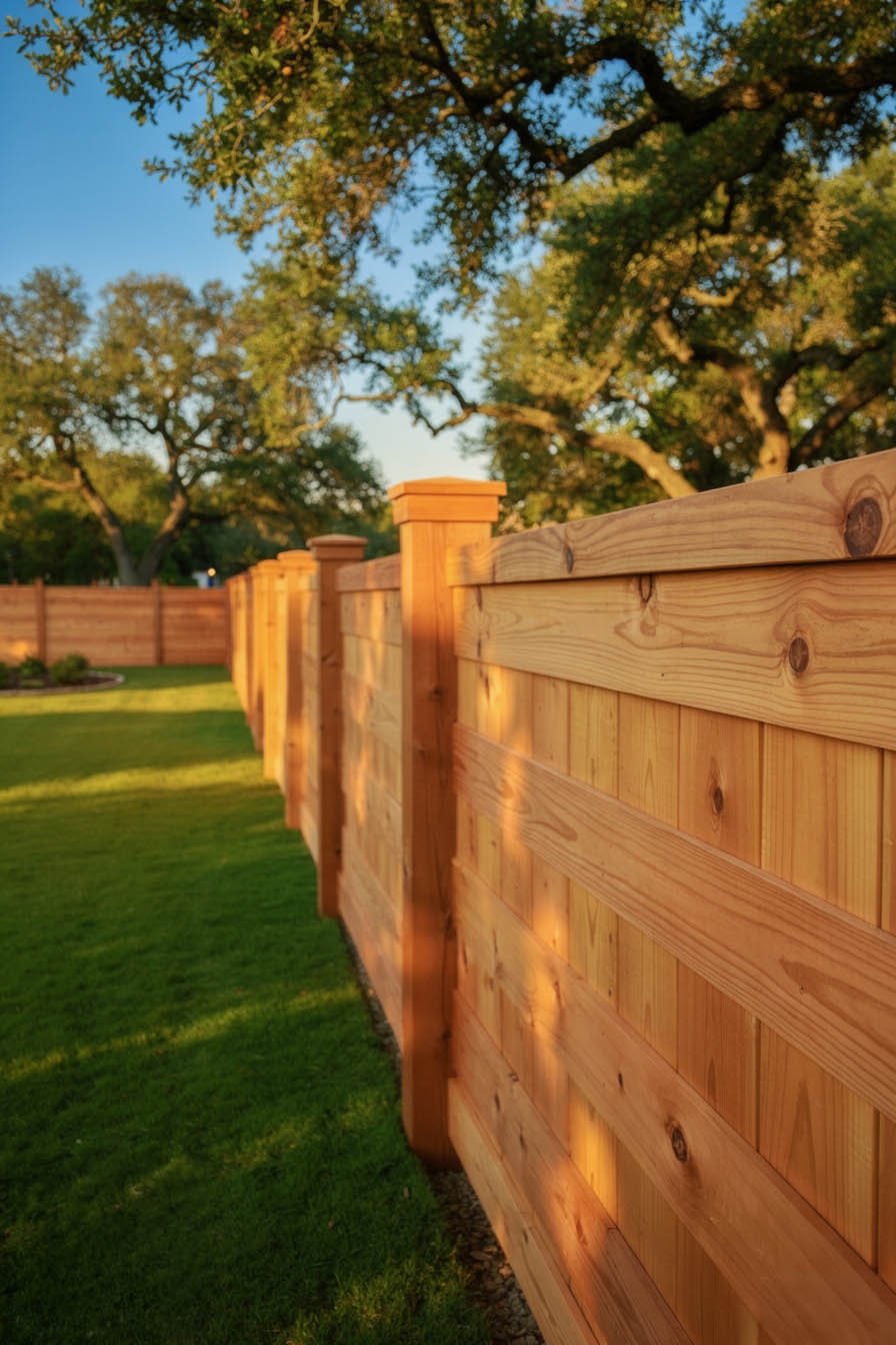 A wooden cedar privacy fence in a backyard during late afternoon sunlight, with green grass and trees in the background in Katy Texas.