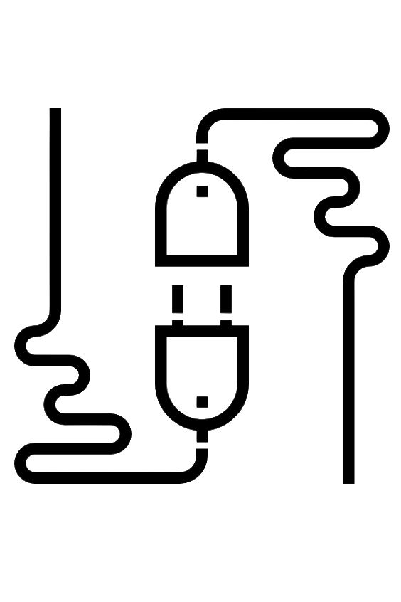 Line drawing of a computer mouse with cables extending from both ends, one side with a thicker connector and the other with a smaller connector.