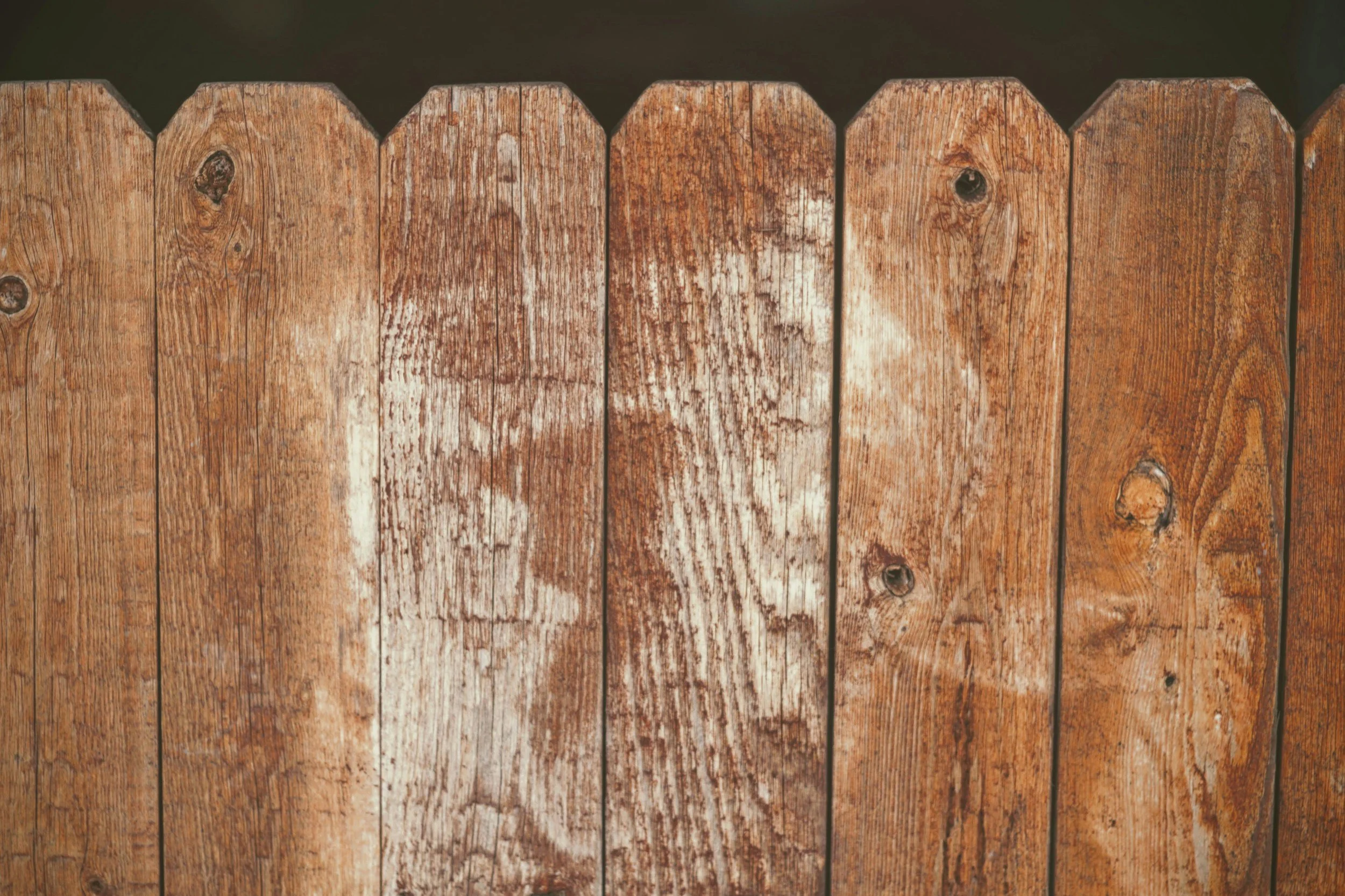 Close-up of weathered wooden fence pickets with knots and grain details.