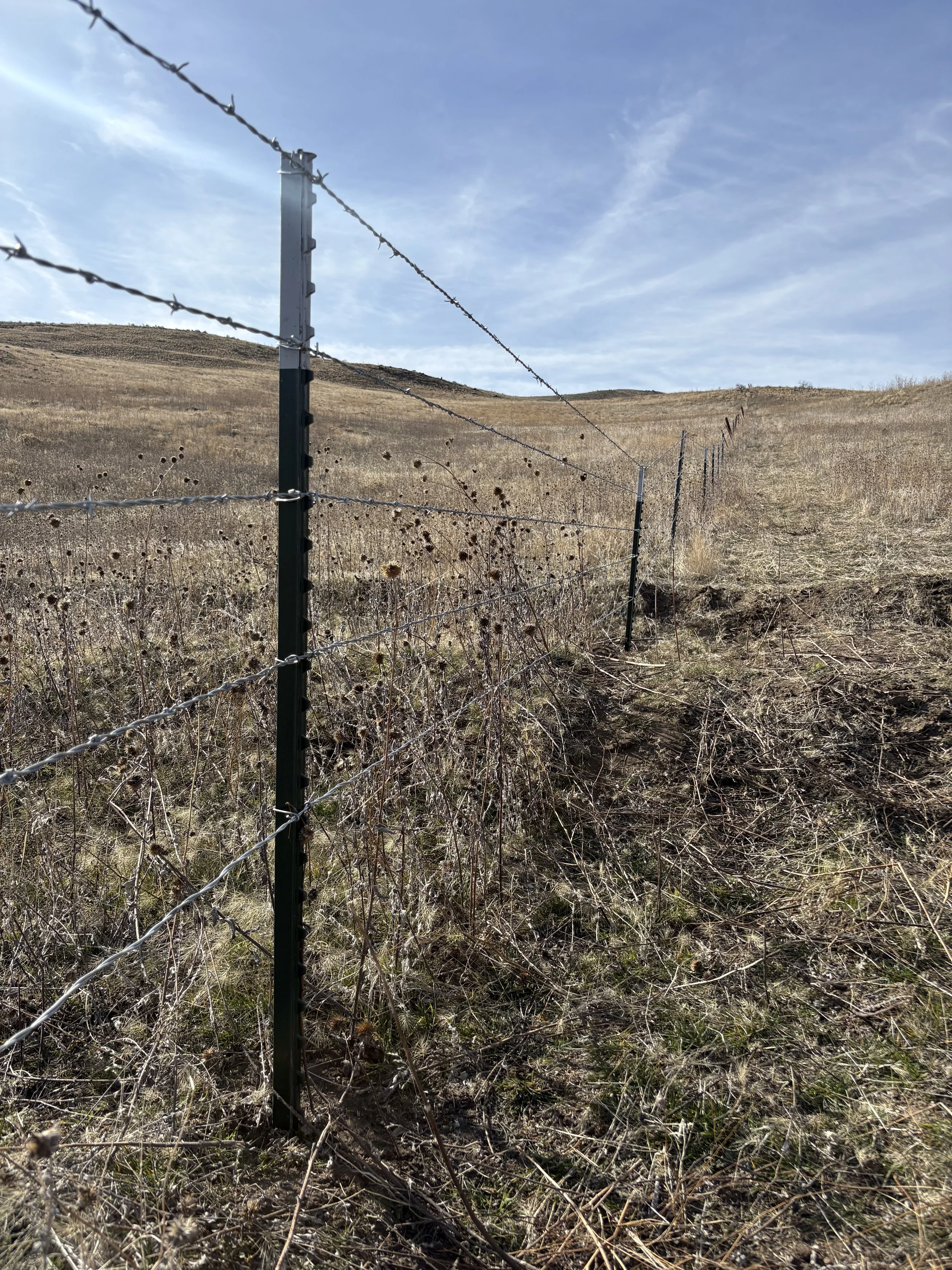 A barbed wire fence running through a dry, grassy field with rolling hills and a partly cloudy sky in the background.