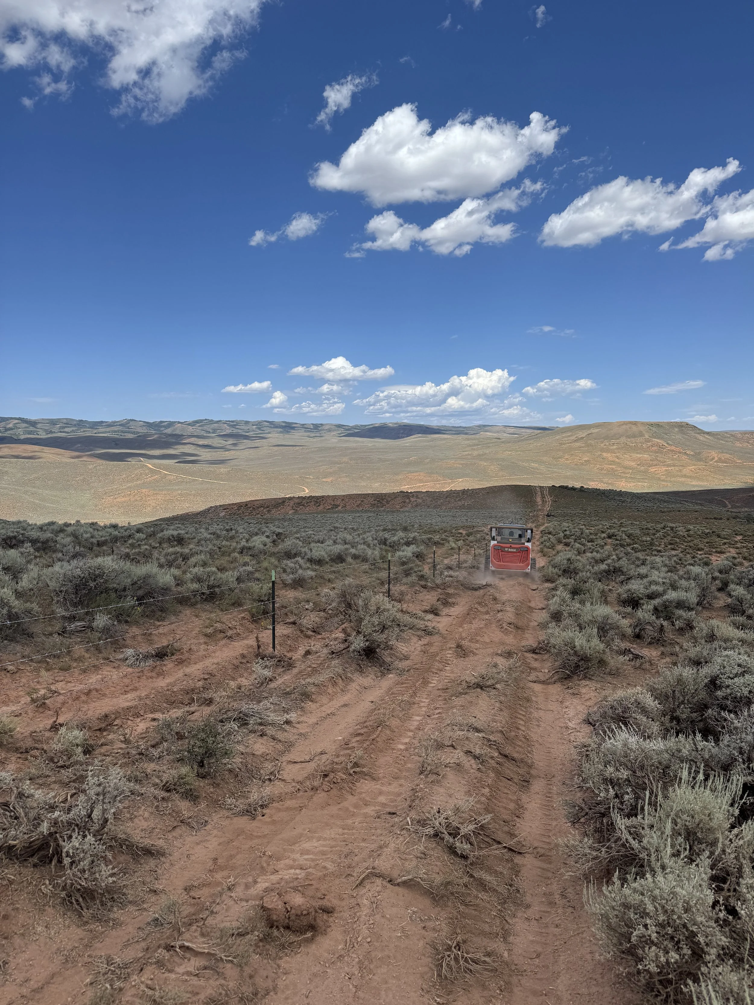 A dirt trail running through a dry, shrub-covered landscape with rolling hills in the background under a blue sky with scattered white clouds.