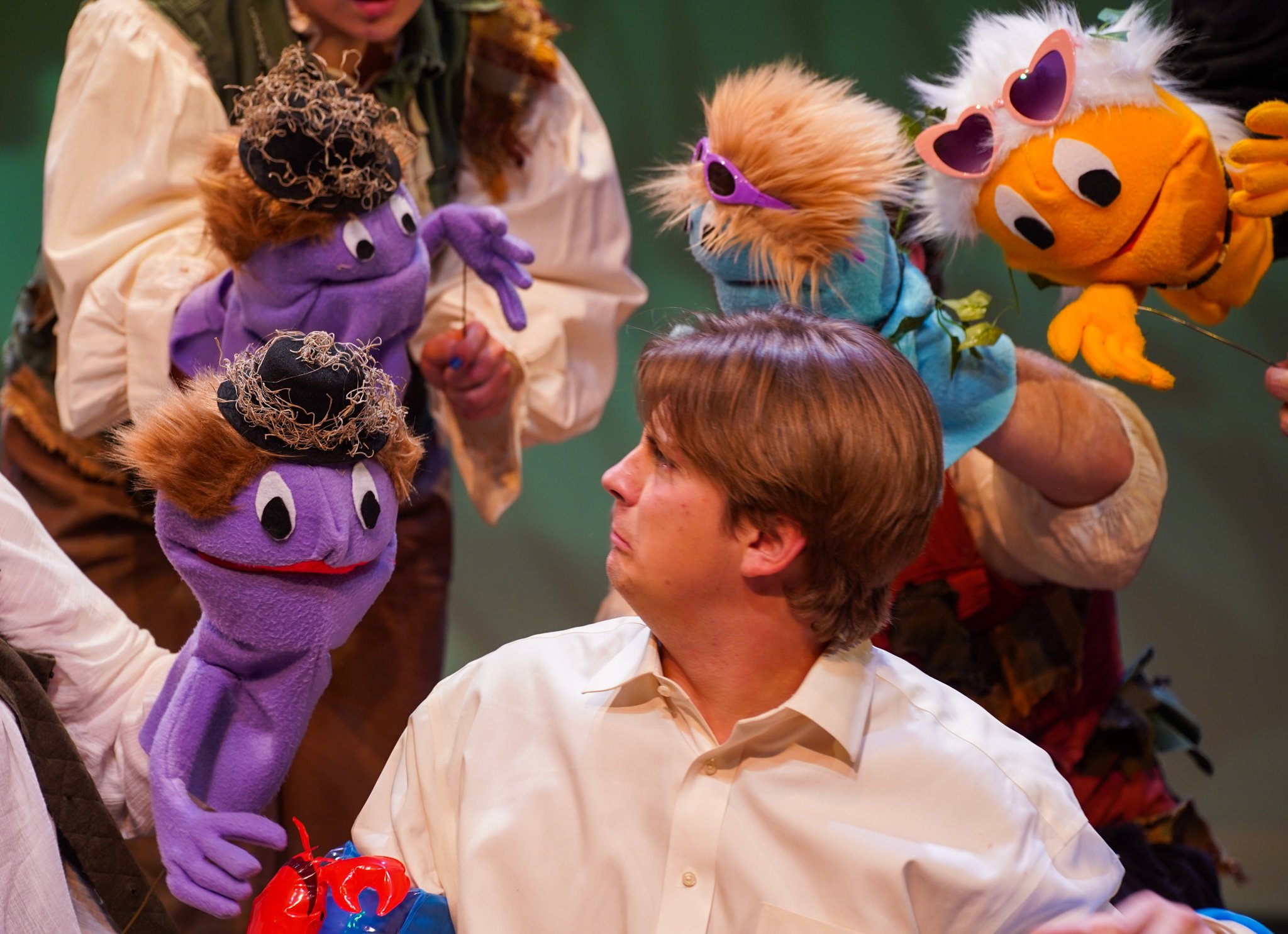 A puppet show with colorful puppets of various animals and a person interacting with them.