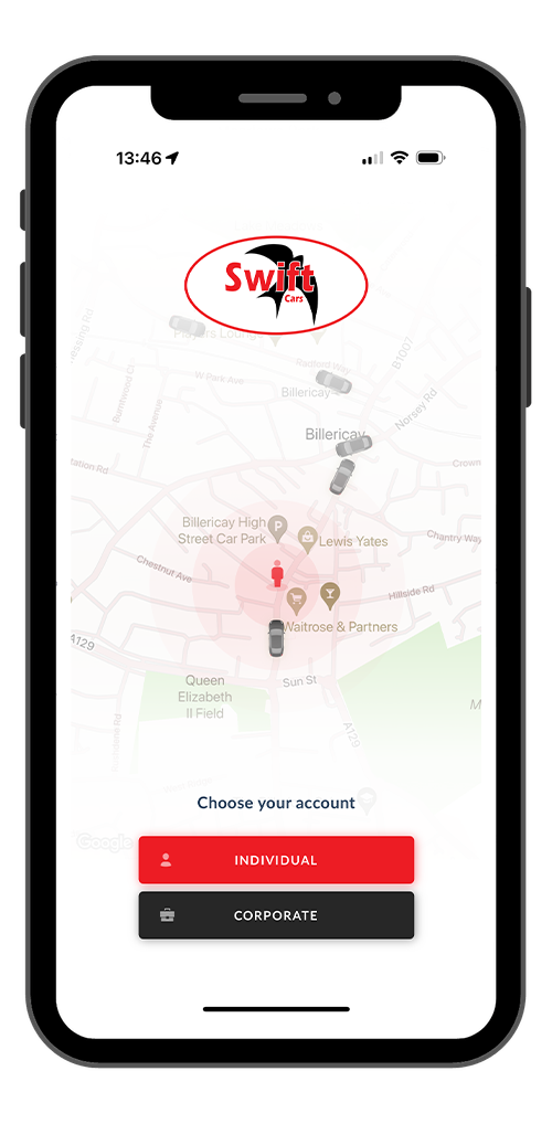 Mobile app screen showing a map with cars and a red cursor, with the logo 'Swift Cars' at the top and options to choose account type, 'Individual' in red and 'Corporate' in black.