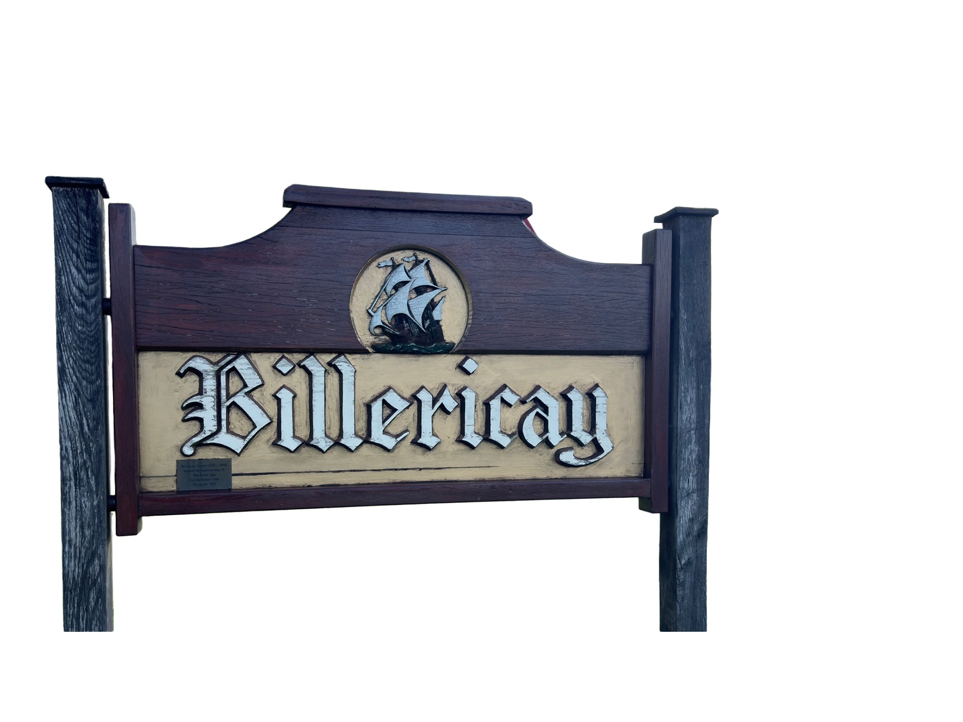 Wooden sign with the word 'Rillerdale' and an emblem of a sailing ship above it.