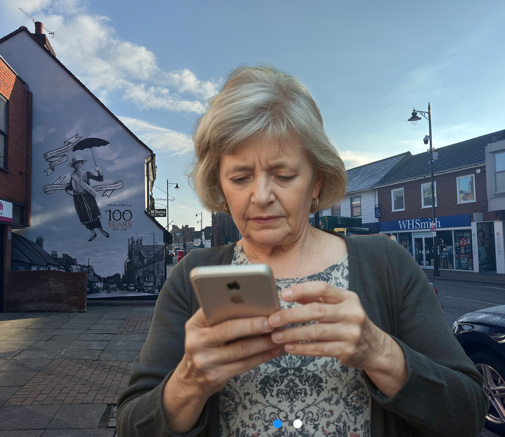 An elderly woman with gray hair looking down at her smartphone on a city street, with a mural celebrating 100 years of N. Shelley in Bilborough, and a WHSmith store in the background.