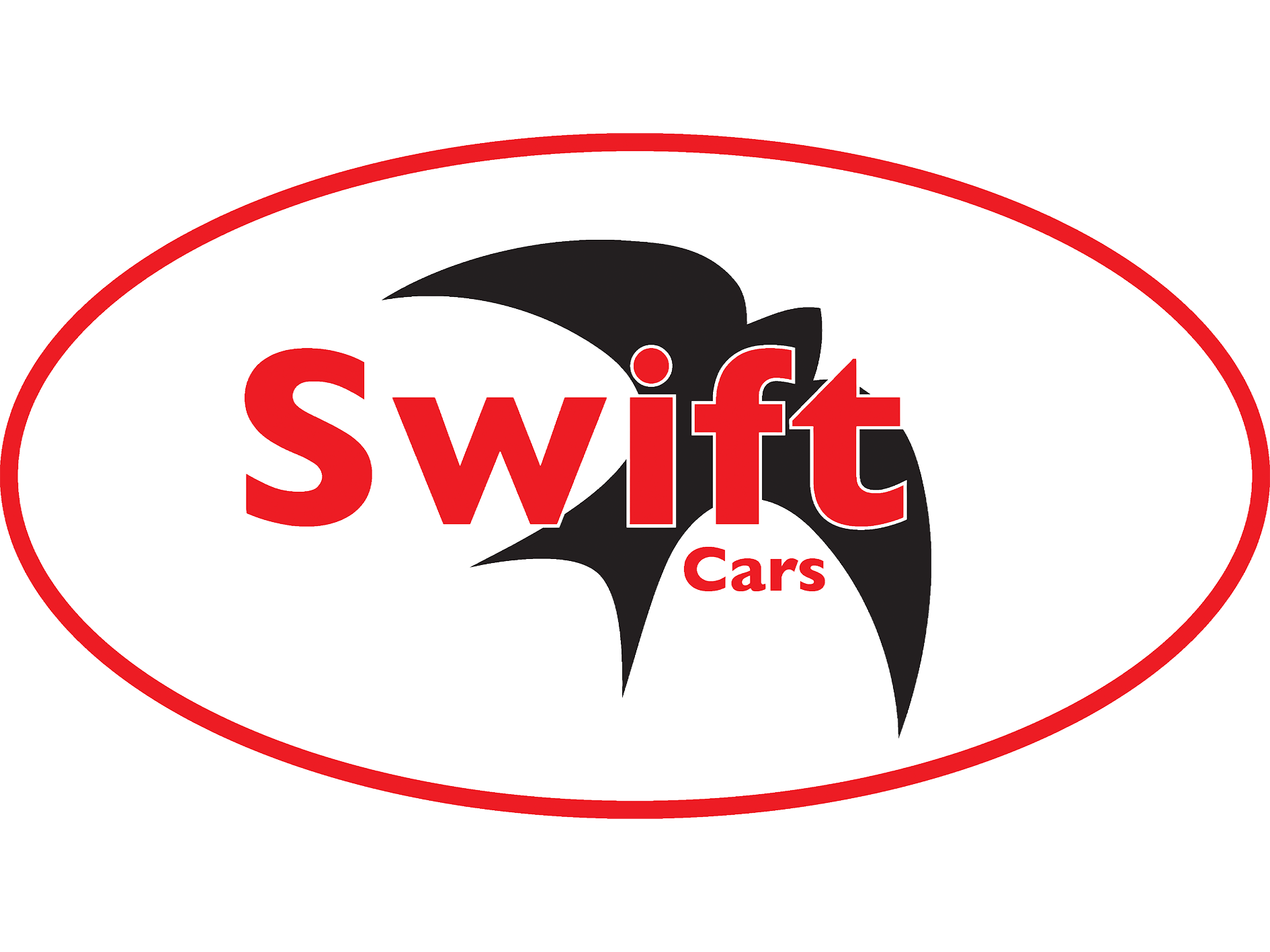 Logo for Swift Cars featuring a black and red stylized bird within a red oval outline.