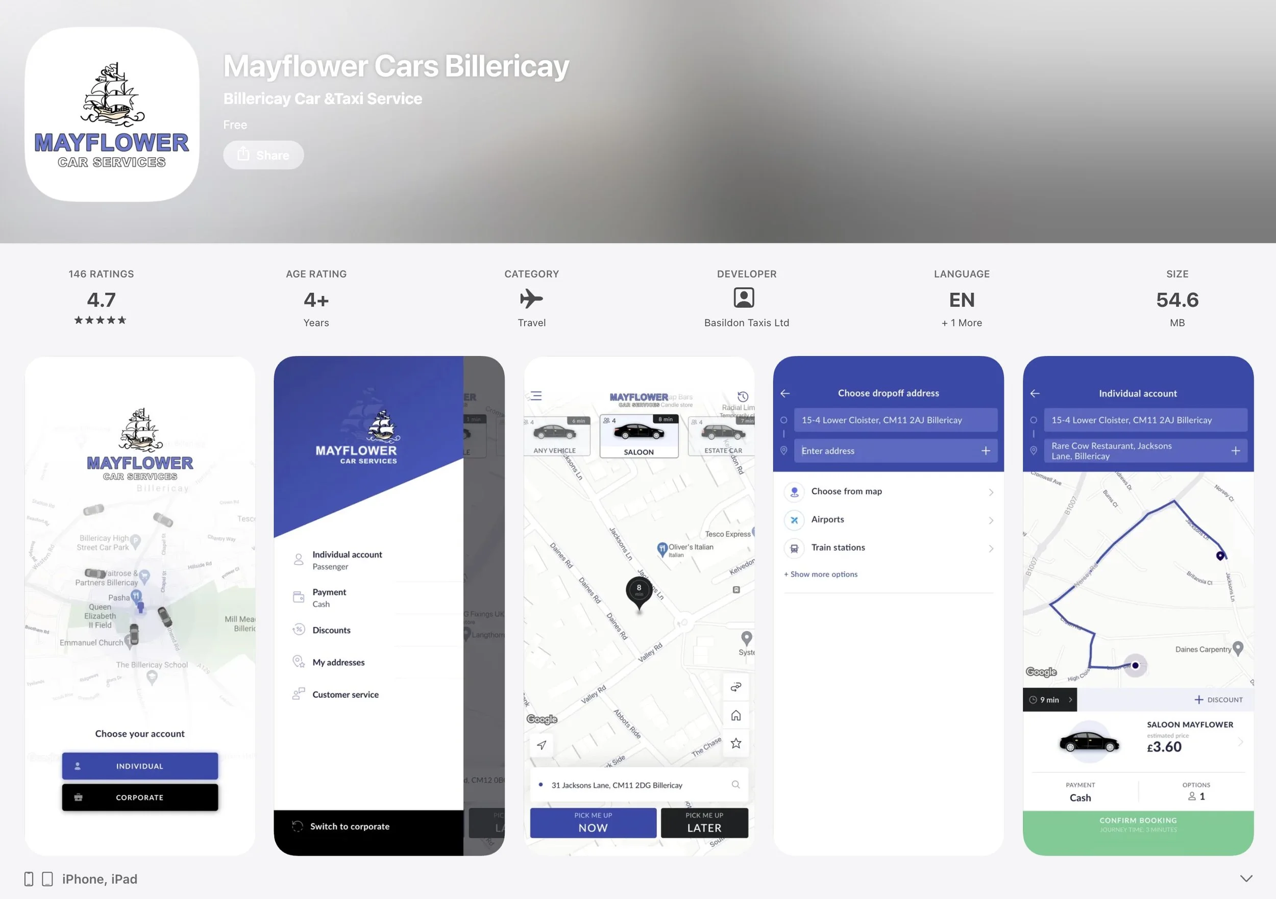 Screenshots of a mobile app interface for Mayflower Car Services, showing sections for account selection, maps for location, ride options, and fare details.