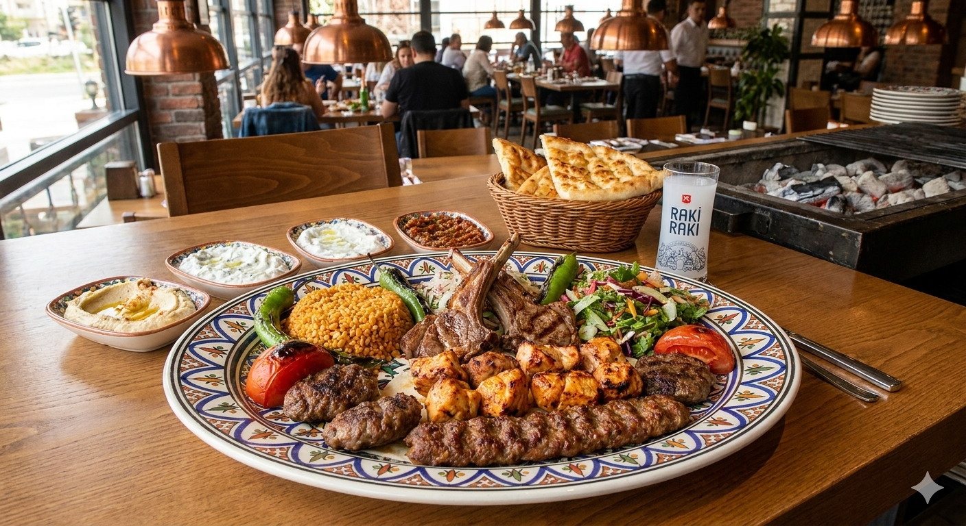 Traditional Turkish platter featuring grilled meats, rice, salad, various sauces, naan bread, and a glass of Turkish Ayran in a restaurant setting.