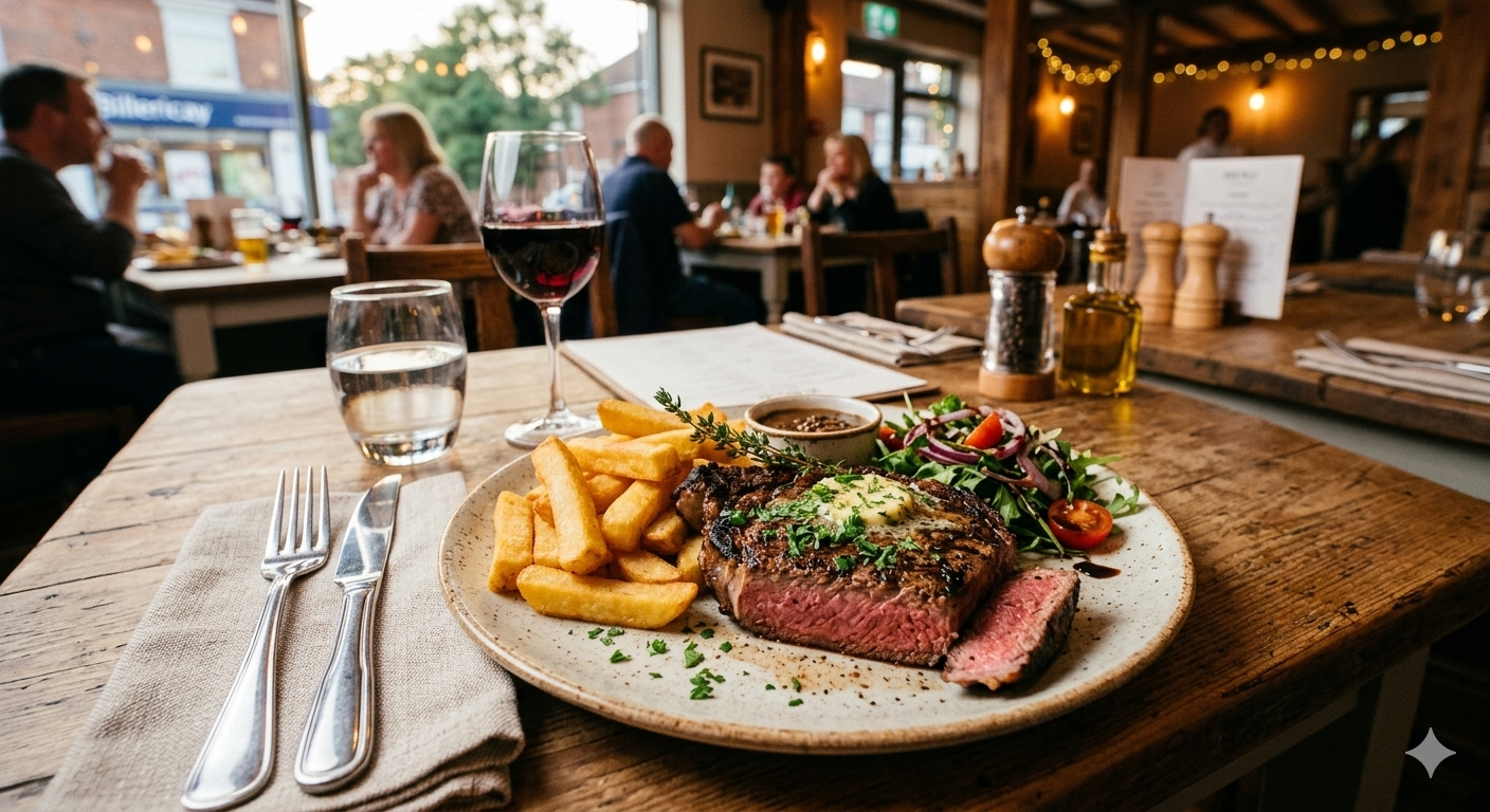 A plate with a grilled steak cooked medium rare, French fries, mixed greens salad with cherry tomatoes, and a small bowl of dipping sauce on a rustic wooden table inside a restaurant.