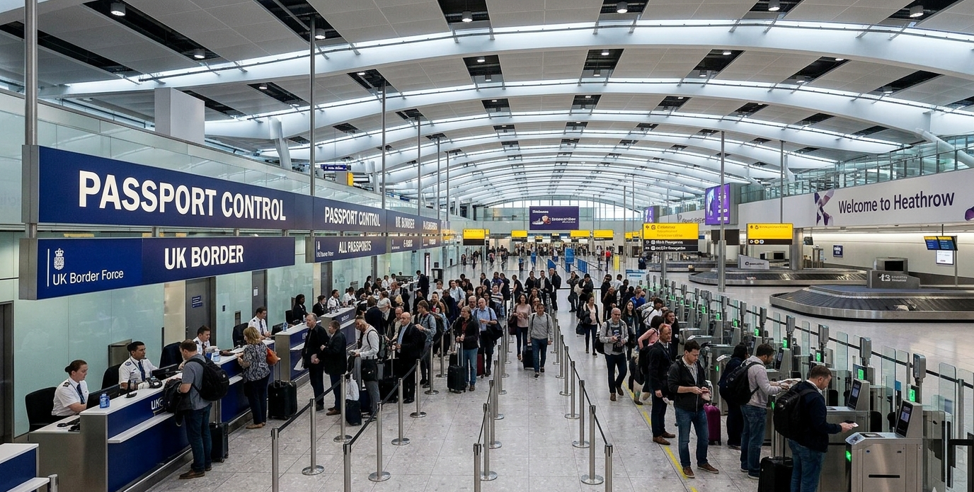 Crowded scene at Heathrow Airport terminal with passport control counters, travelers with luggage, and numerous check-in kiosks.