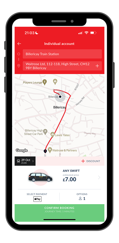 Mobile app screenshot showing a taxi booking route from Billericay Train Station to Waitrose Ltd. in Billericay, with pickup location at 112-118 High Street, and estimated fare of £7.00 for a Swift vehicle, confirming booking with a journey time of 5 minutes.