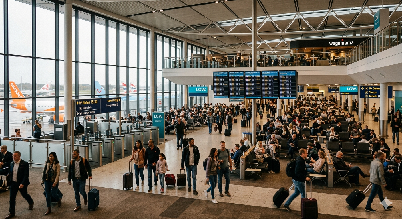 Crowded airport terminal with travelers walking and sitting, large digital departure board, windows with planes outside, and eateries on an upper level.