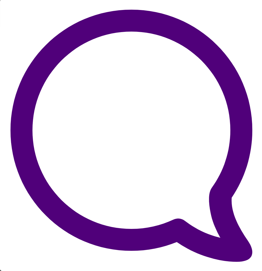 A purple speech bubble icon with a white background.
