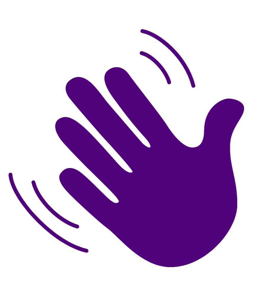 Illustration of a purple hand waving with motion lines.
