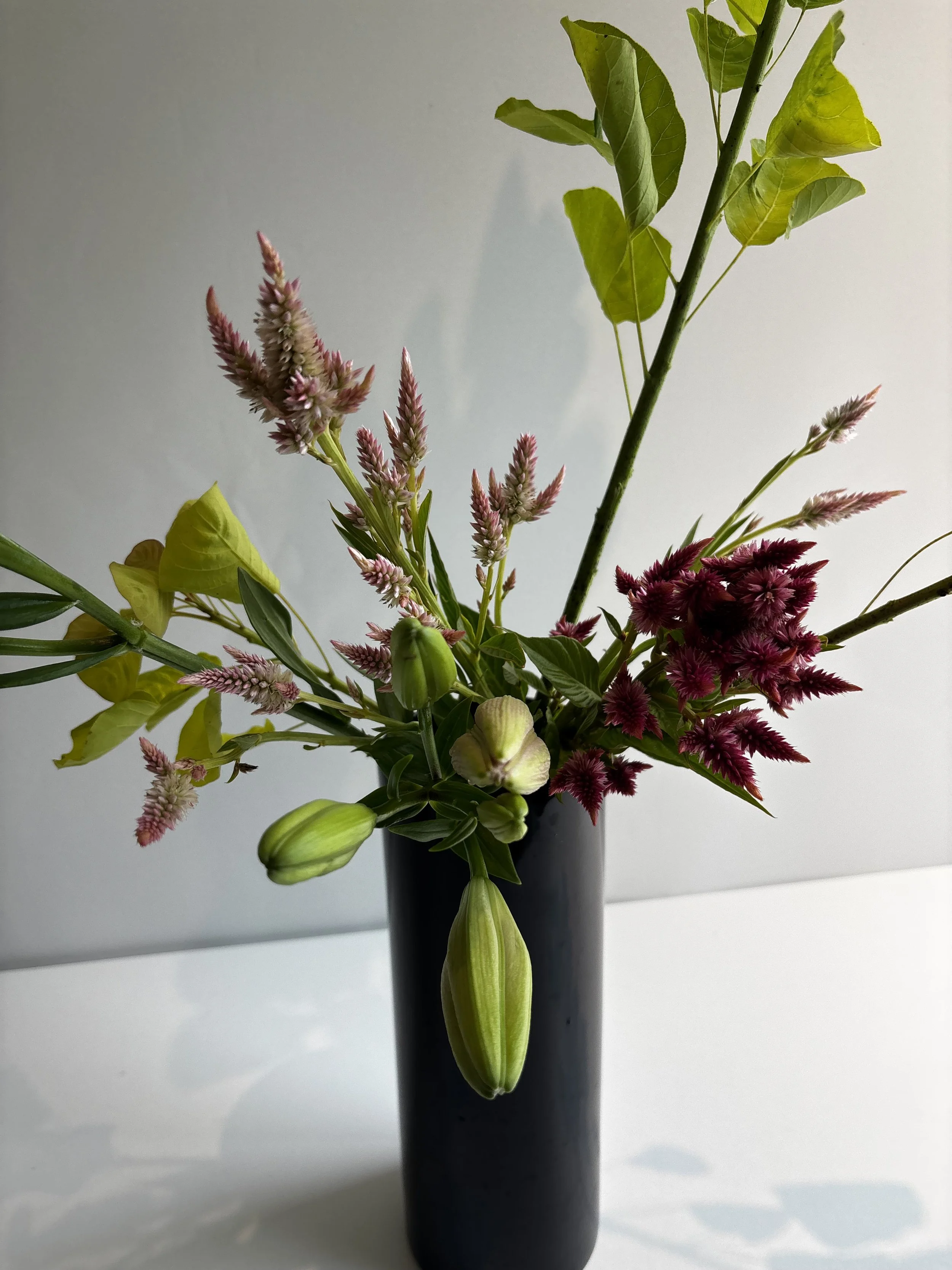A black vase holding pink and green flowers with green leaves against a plain gray background.