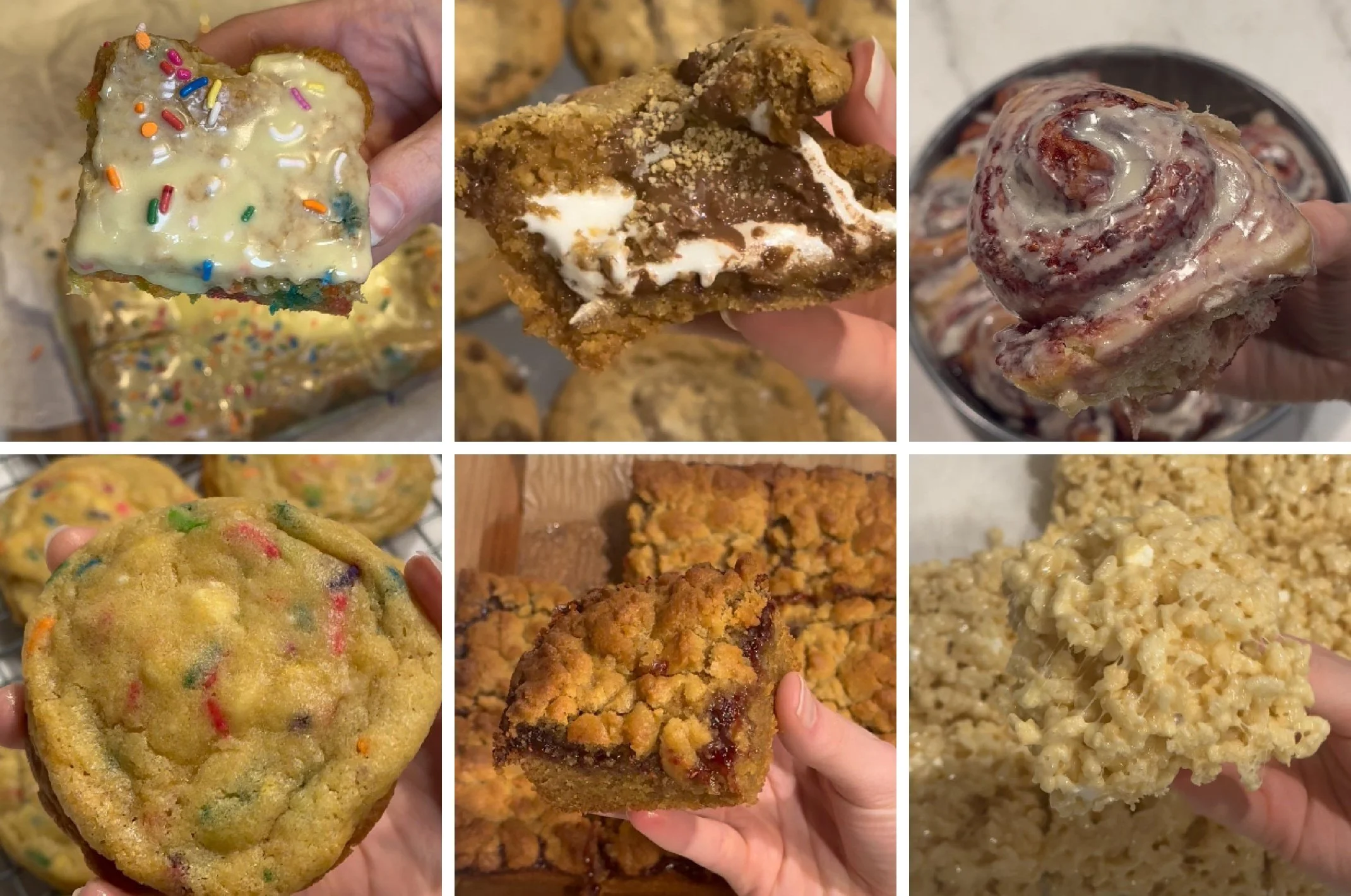 Various baked goods including cookies, cinnamon rolls, and rice krispie treats.