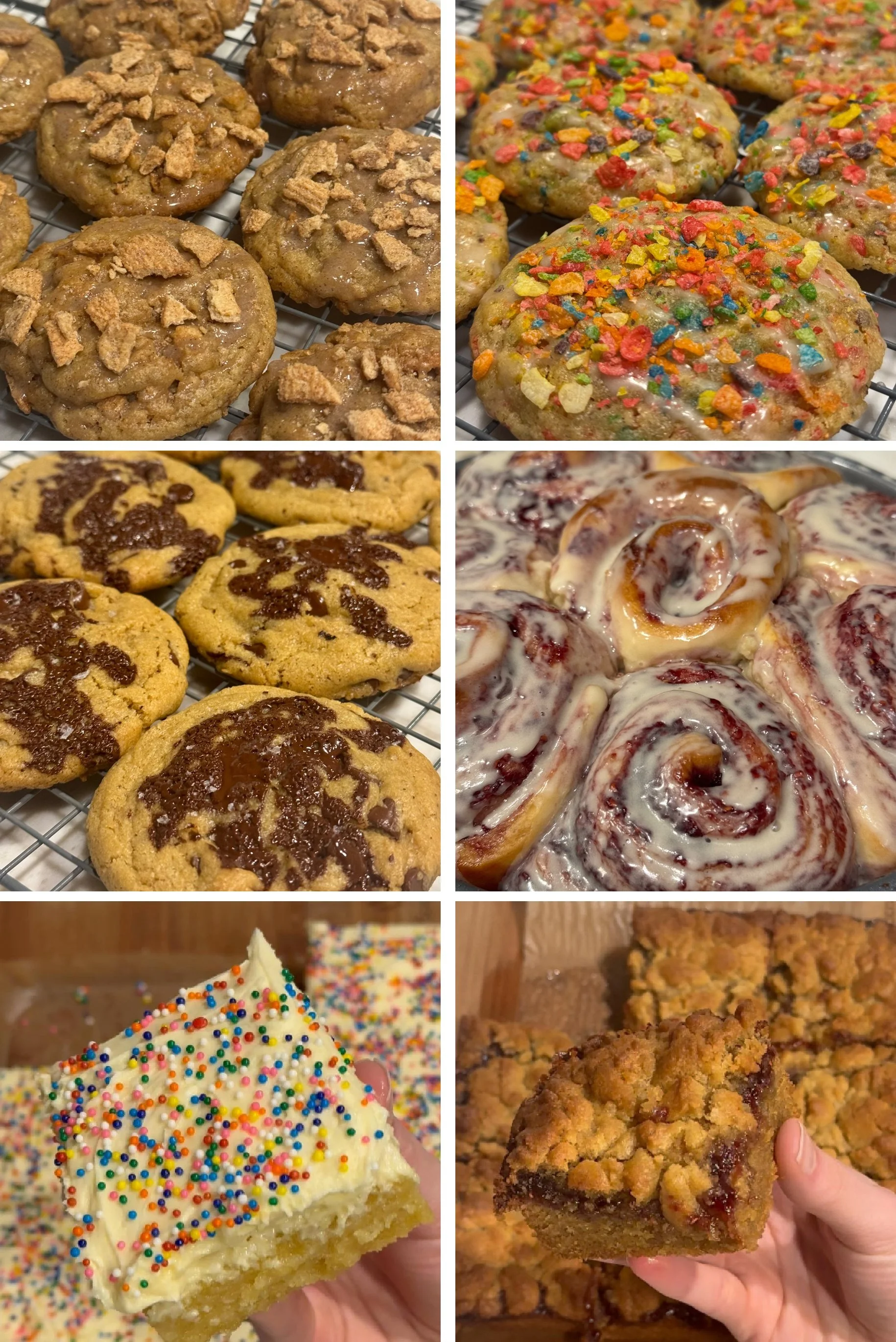 A collage of six images showing various homemade baked goods, including an assortment of cookies, cookie bars, and glazed sweet rolls.