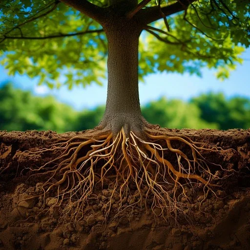 A tree with green leaves and visible roots beneath the soil.