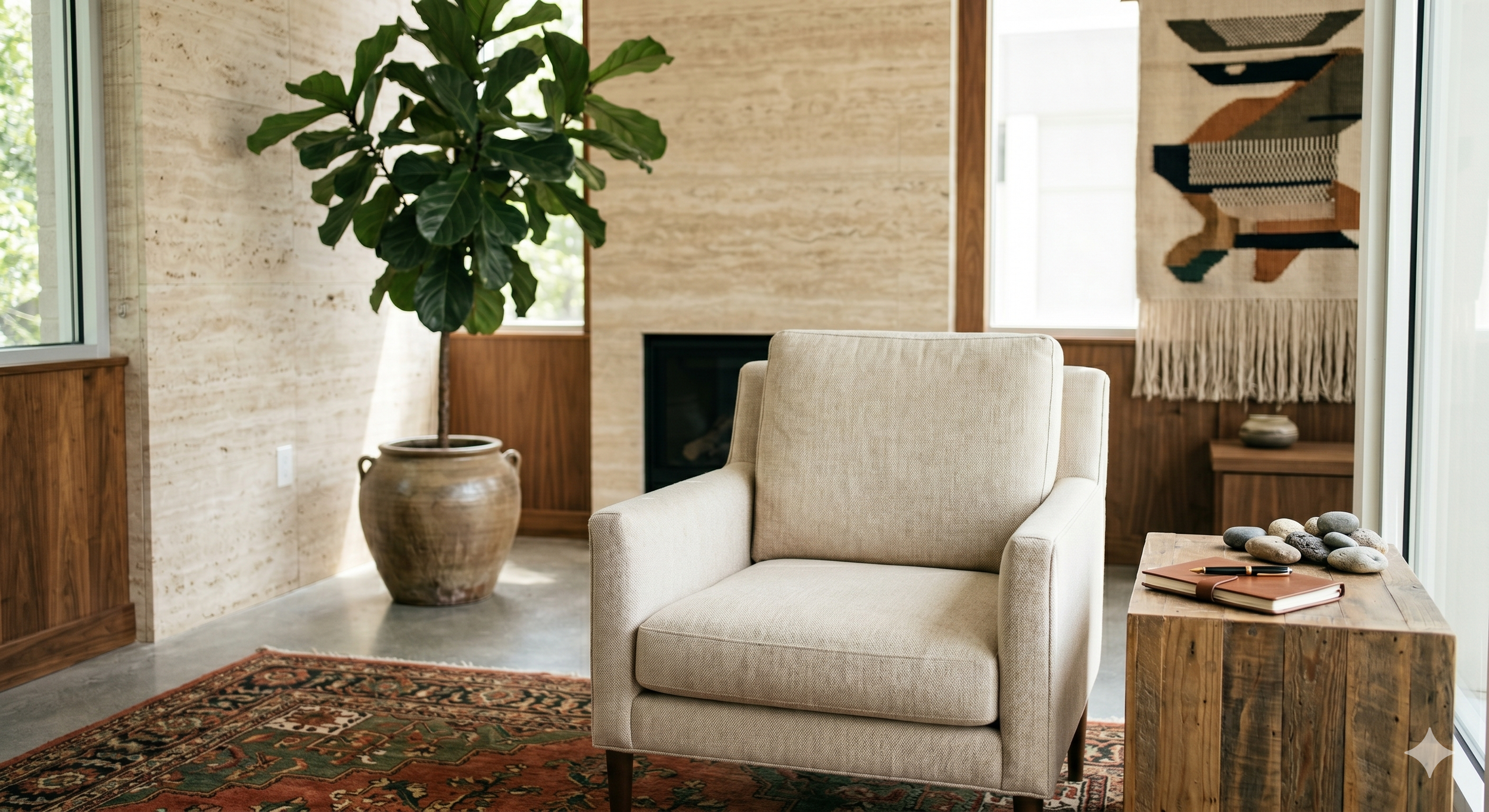 Living room with a beige armchair, a wooden side table with a notebook, a pen, and a collection of stones, a large potted fig tree, and a wall hanging with geometric patterns. Windows allow natural light to fill the space.