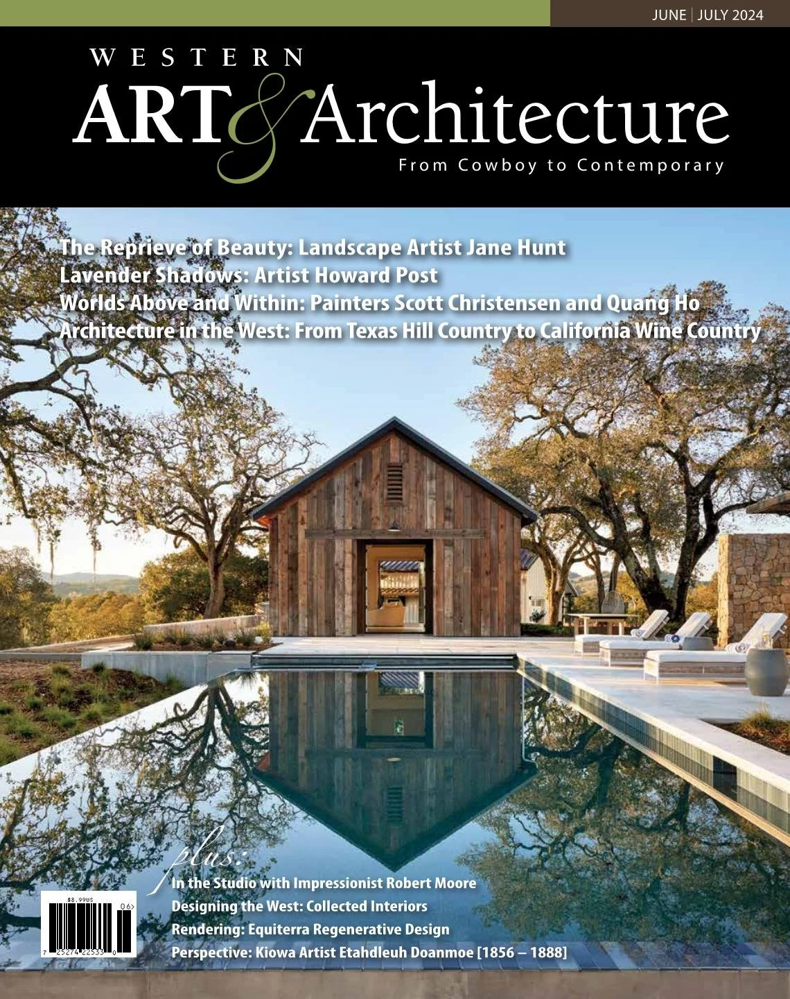 Cover of Western Art & Architecture magazine, June/July 2024 issue, featuring a modern rustic building with a wood exterior and reflection in a swimming pool, surrounded by trees and outdoor furniture.