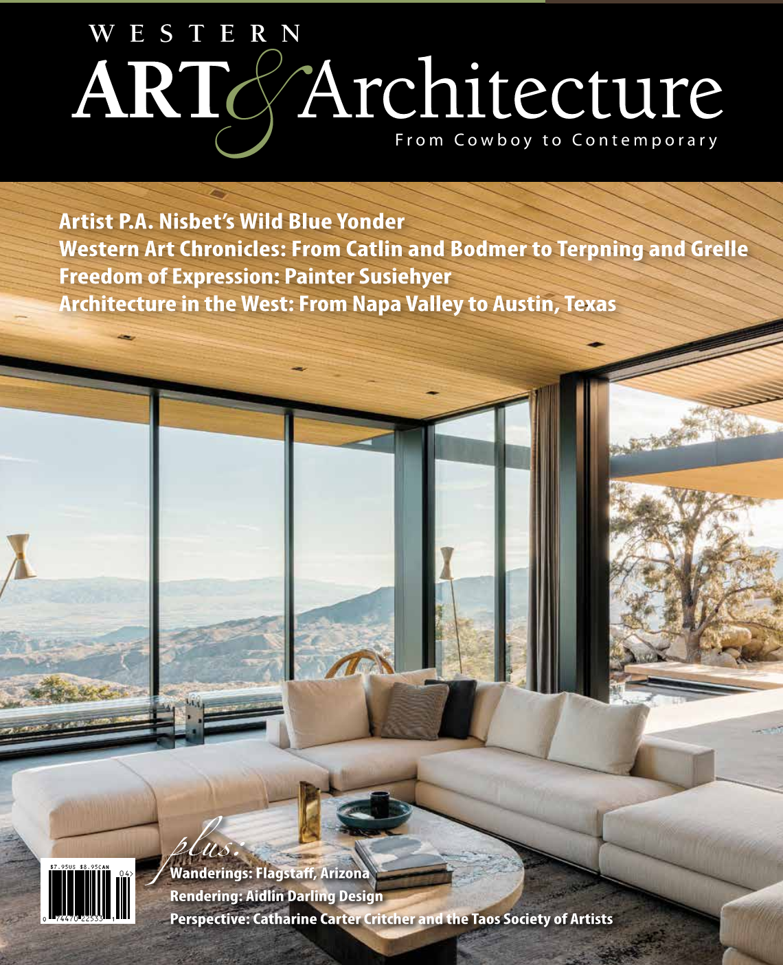 Cover of Western Art & Architecture magazine featuring a modern living room with large floor-to-ceiling windows, overlooking a mountainous landscape, with a beige sectional sofa, a marble coffee table, and minimal decor.