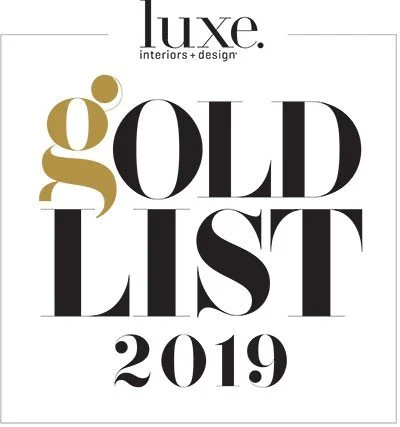 Cover page of Luxe Interiors + Design's Gold List 2019, featuring the text 'luxe', 'gold', 'list', and '2019' in black and gold lettering.