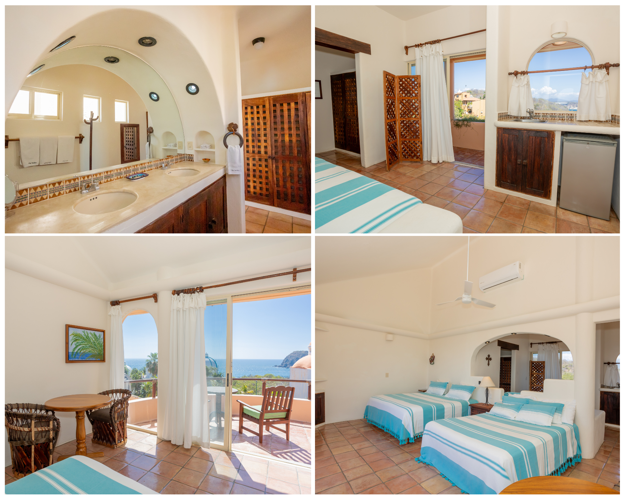 A collage of four photos showing a bright, airy, beachside vacation apartment with white walls and terracotta tile floors. The first photo features a bathroom with a curved ceiling, a double sink vanity, and small high windows. The second photo shows a bedroom with two beds, a doorway to a balcony with scenic ocean and mountain views, and a wooden folding screen. The third photo displays a dining area with a round wooden table, wicker chairs, and large windows with white curtains overlooking the ocean. The fourth photo highlights a living area with white walls, a ceiling fan, and a split air conditioner.