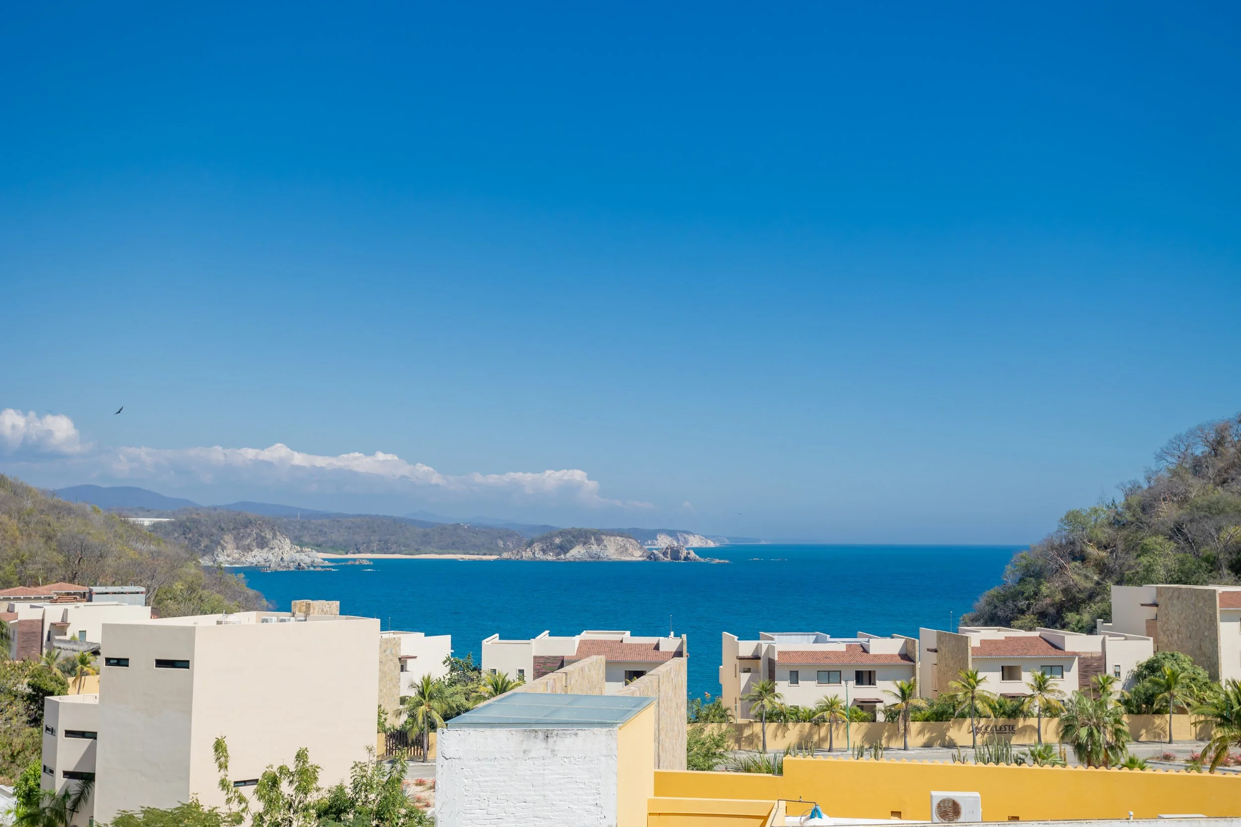 A coastal neighborhood with modern white houses, palm trees, and a view of the ocean, cliffs, and distant mountains under a clear blue sky.