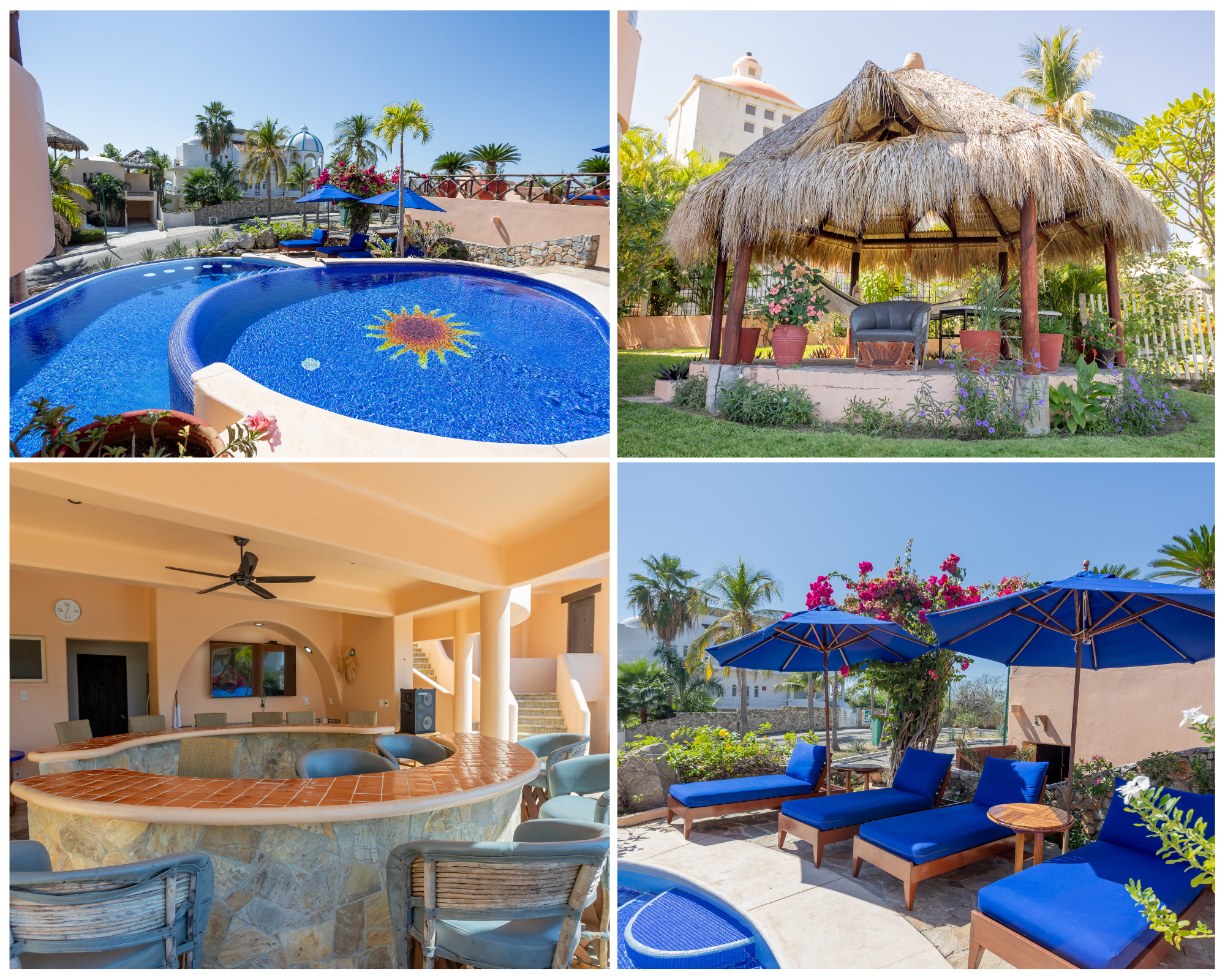 A collage of four images showing an outdoor pool area with tropical plants, a thatched-roof tiki hut with seating and potted plants, an indoor lounge area with a large round tiled bar and a ceiling fan, and a patio with blue lounge chairs, umbrellas, and flowering plants.
