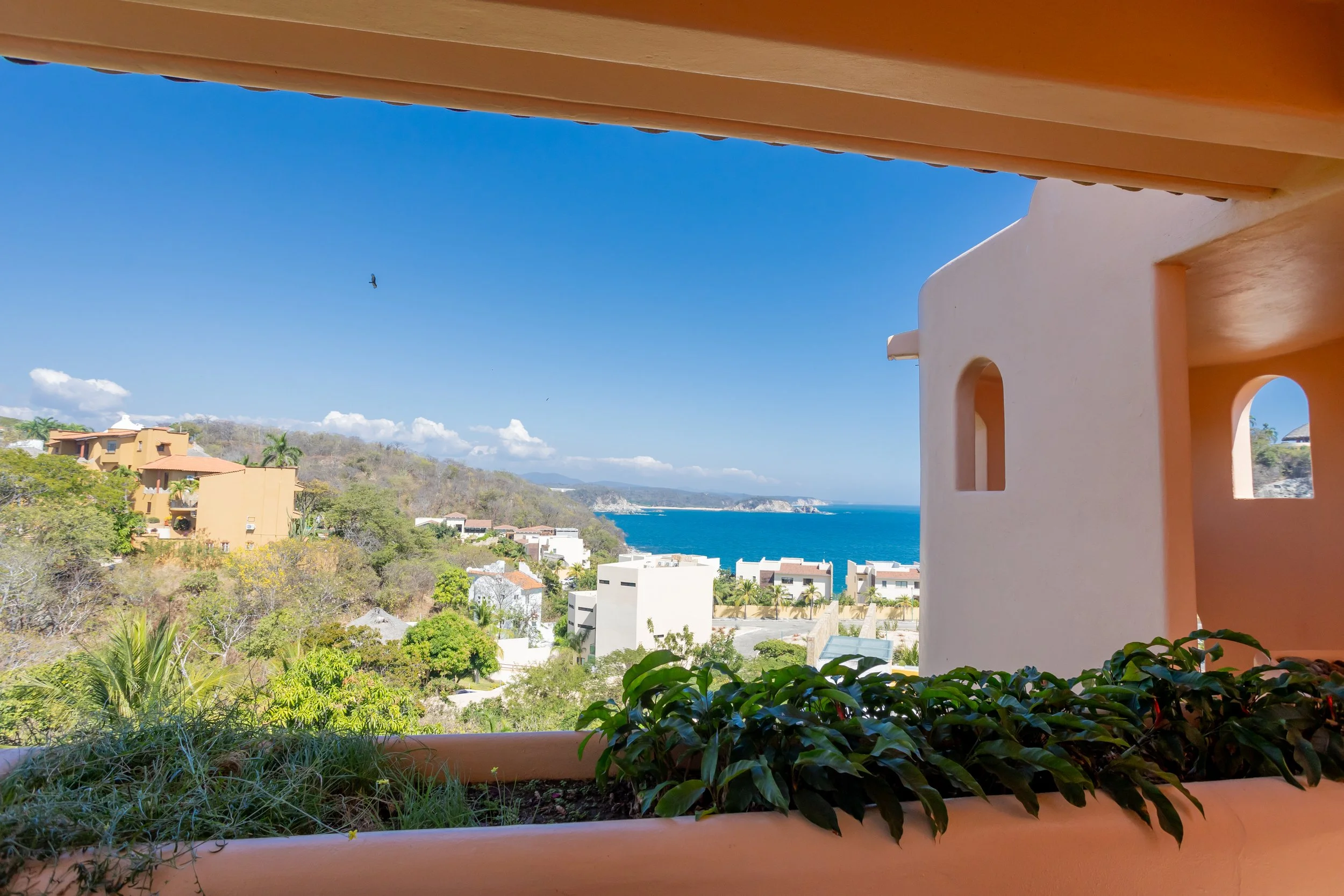 View of a coastal town from a balcony with plants, residential buildings, hills, ocean, and a blue sky with some clouds and a bird flying.