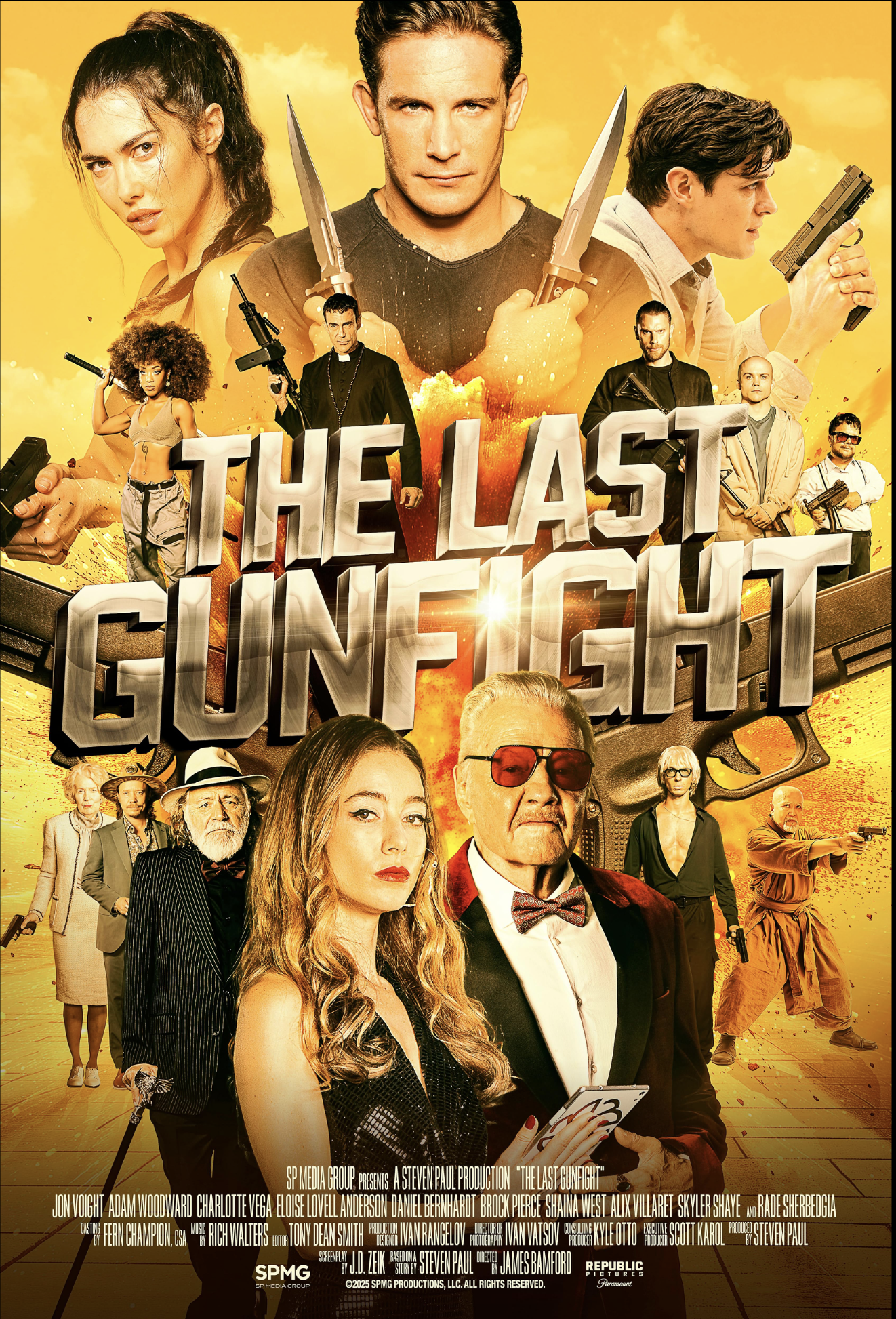 Poster for the movie 'The Last Gunfight' featuring characters with guns and knives against a yellow and orange backdrop with explosions, and the film's title prominently displayed.