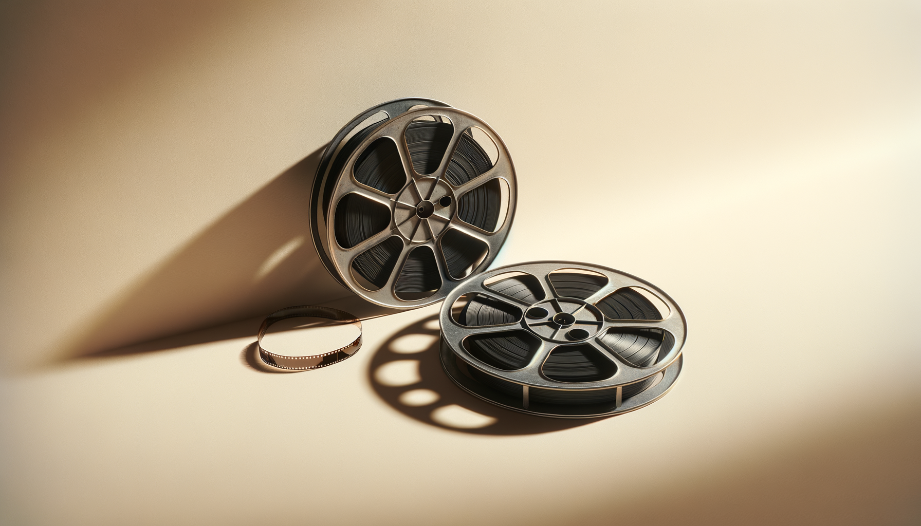 Two vintage film reels and a strip of film on a beige surface with shadows.