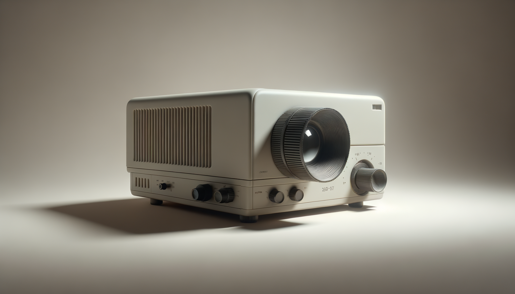 A vintage white slide projector with a large black lens on a plain background.
